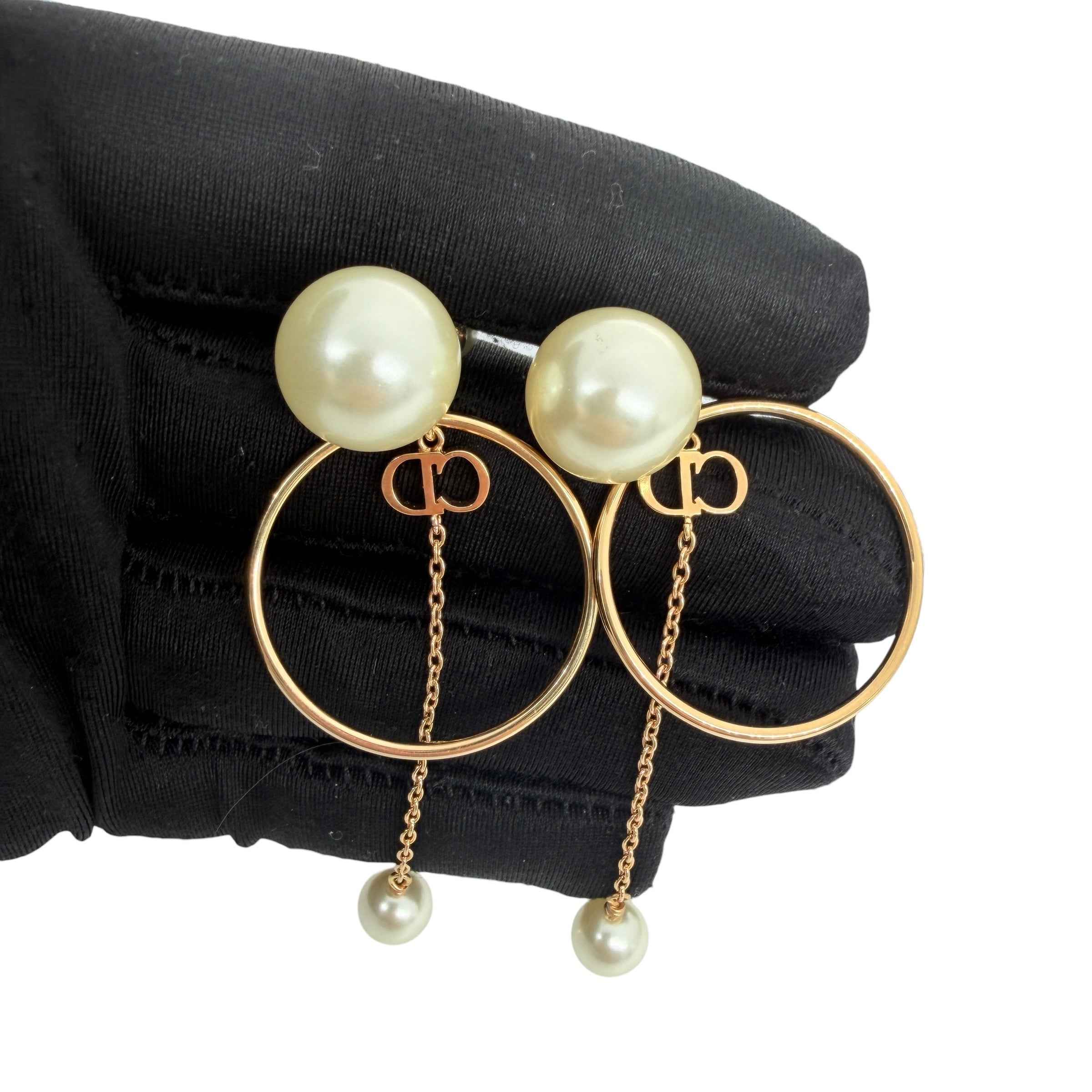 Dior CD Logo Pearl Drop Earrings Gold Tone