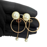 Dior CD Logo Pearl Drop Earrings Gold Tone