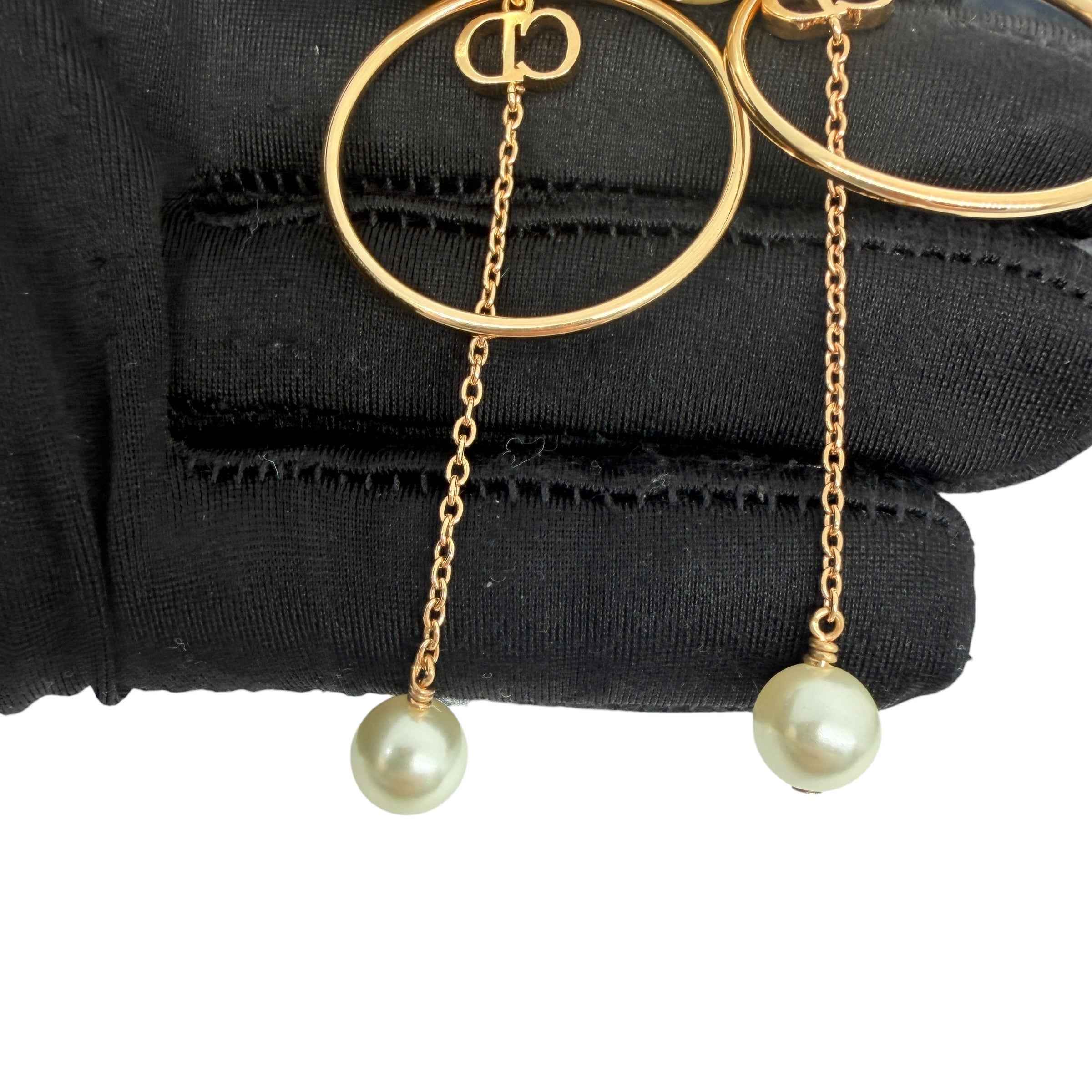 Dior CD Logo Pearl Drop Earrings Gold Tone