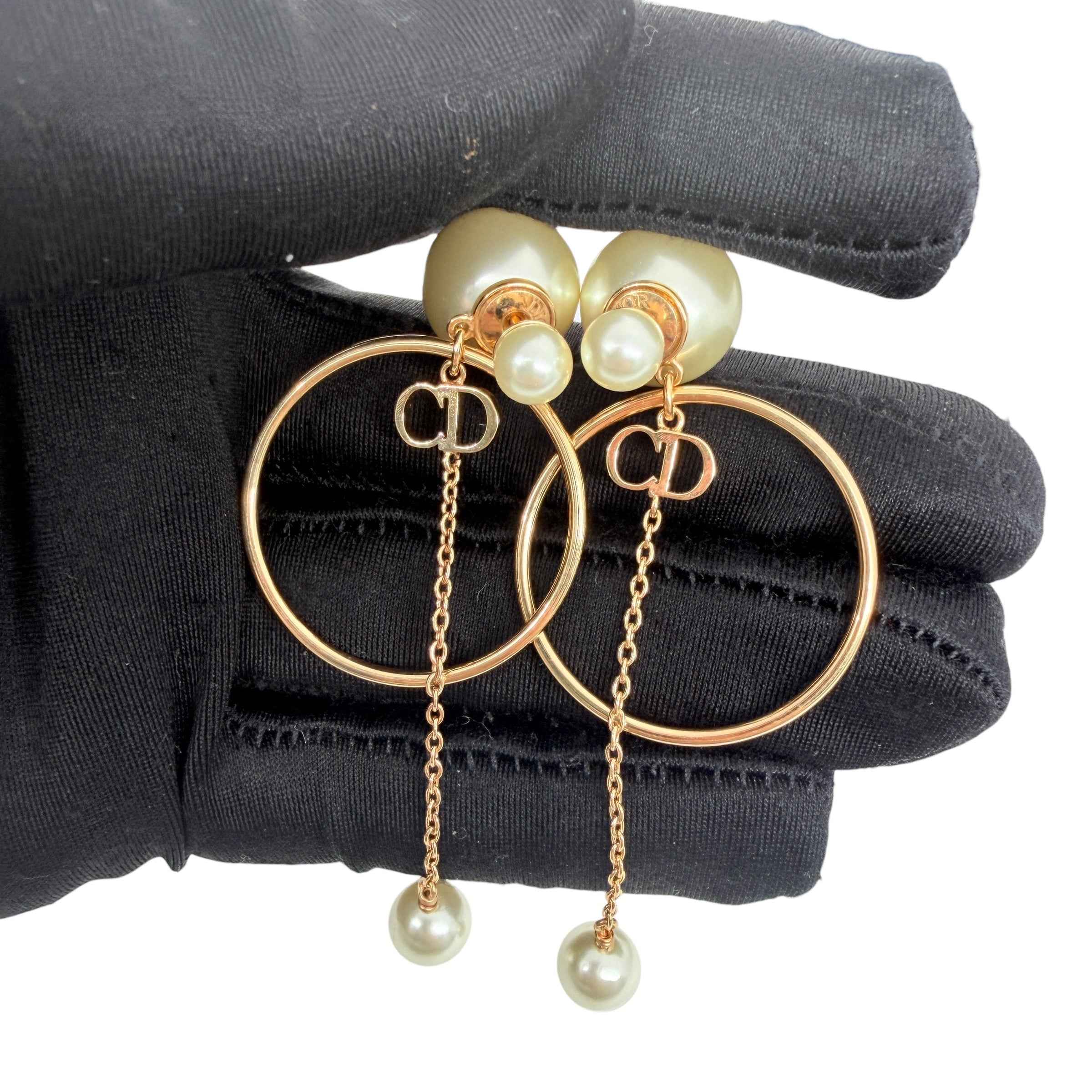 Dior CD Logo Pearl Drop Earrings Gold Tone