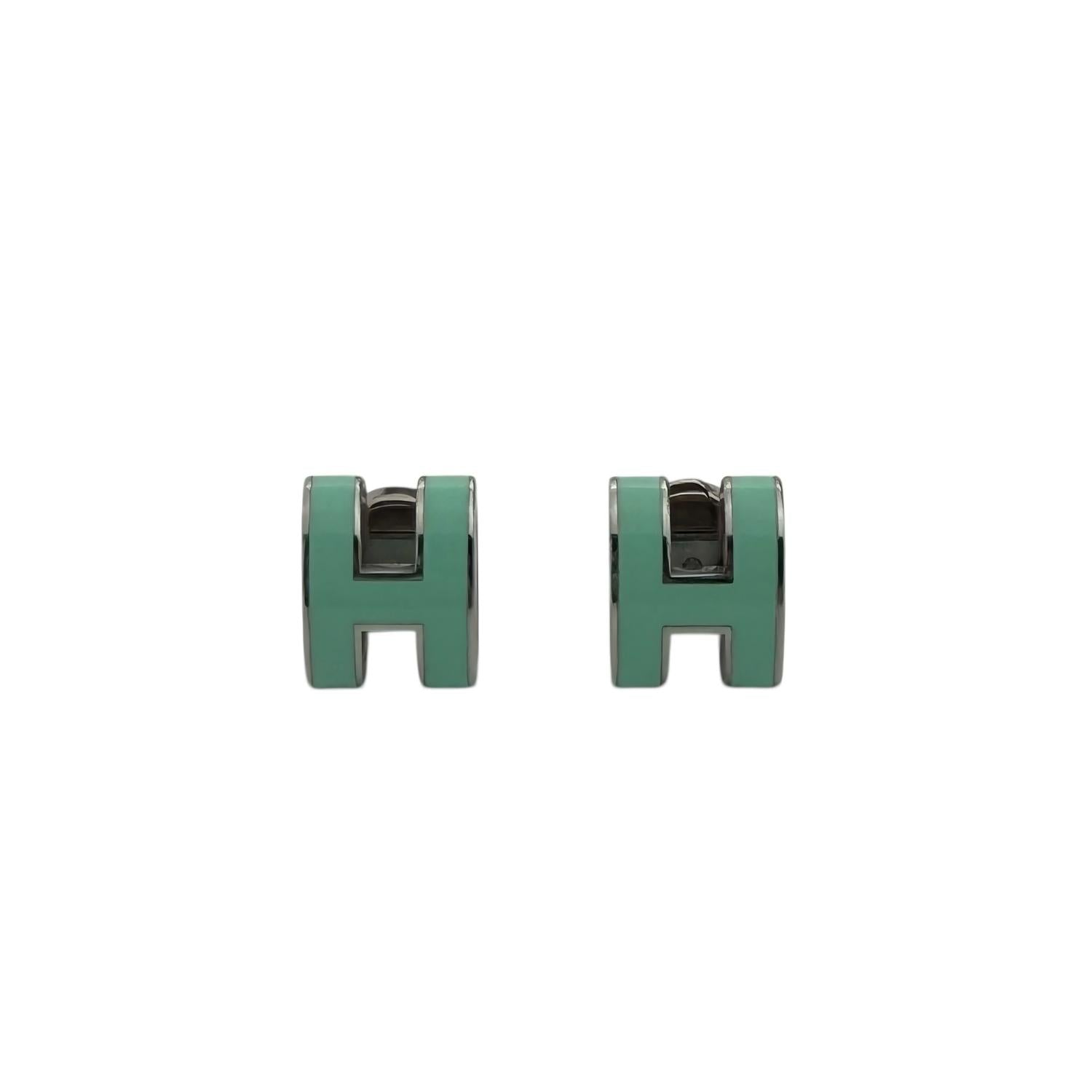 Hermes Pop H Palladium Plated Green Lacquer Stud Earrings