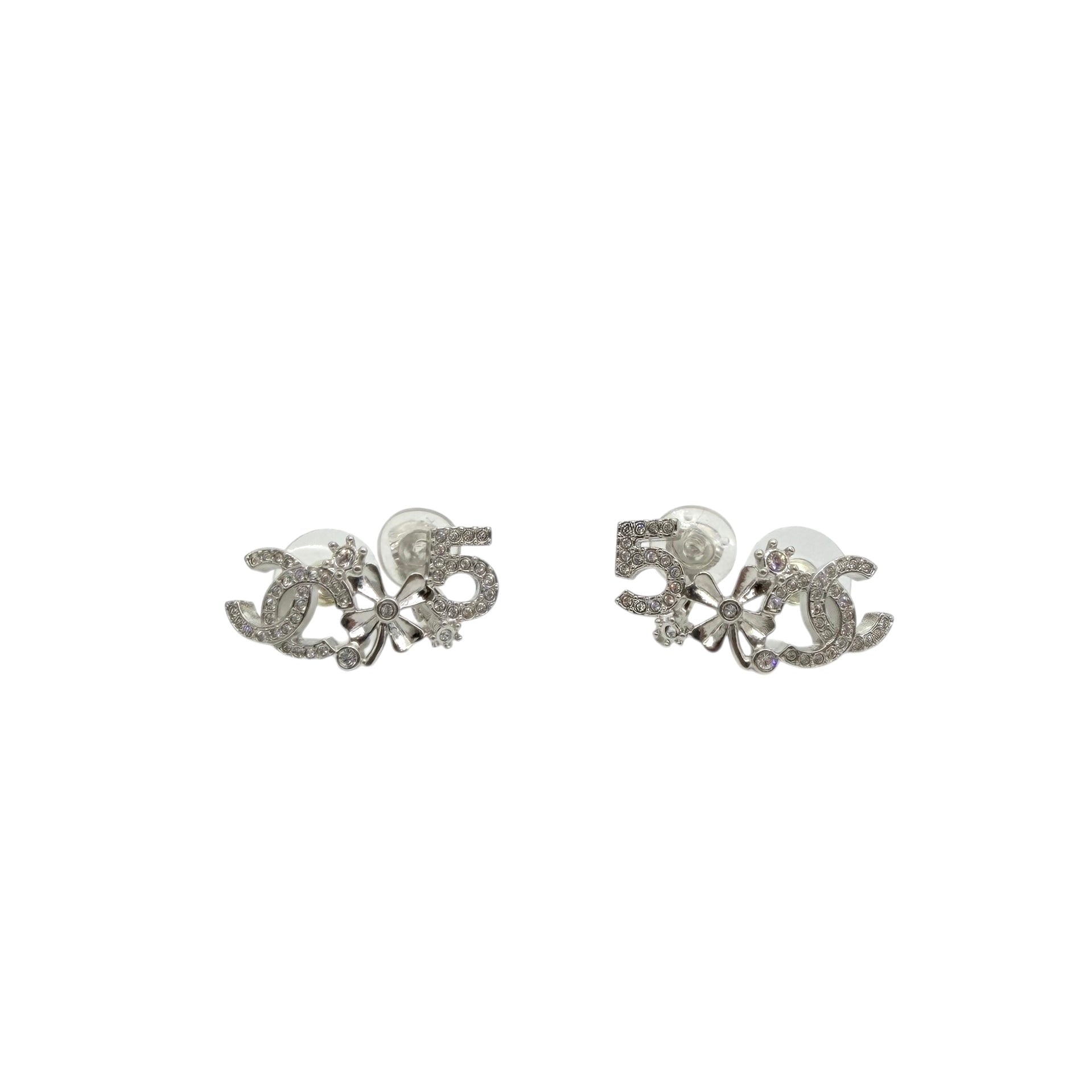 Pre-owned Chanel Silver Metal and Crystal CC No.5 Stud Earrings main image