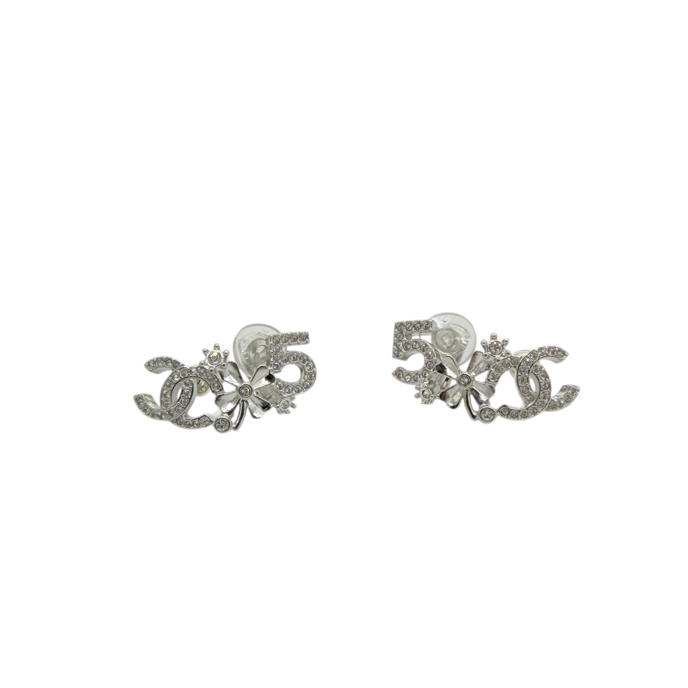 Pre-owned Chanel Silver Metal and Crystal CC No.5 Stud Earrings back view