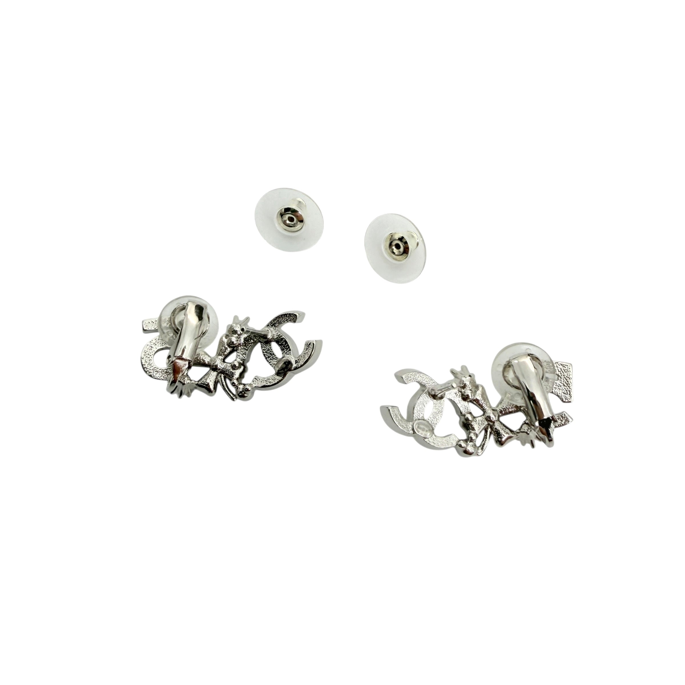 Pre-owned Chanel Silver Metal and Crystal CC No.5 Stud Earrings