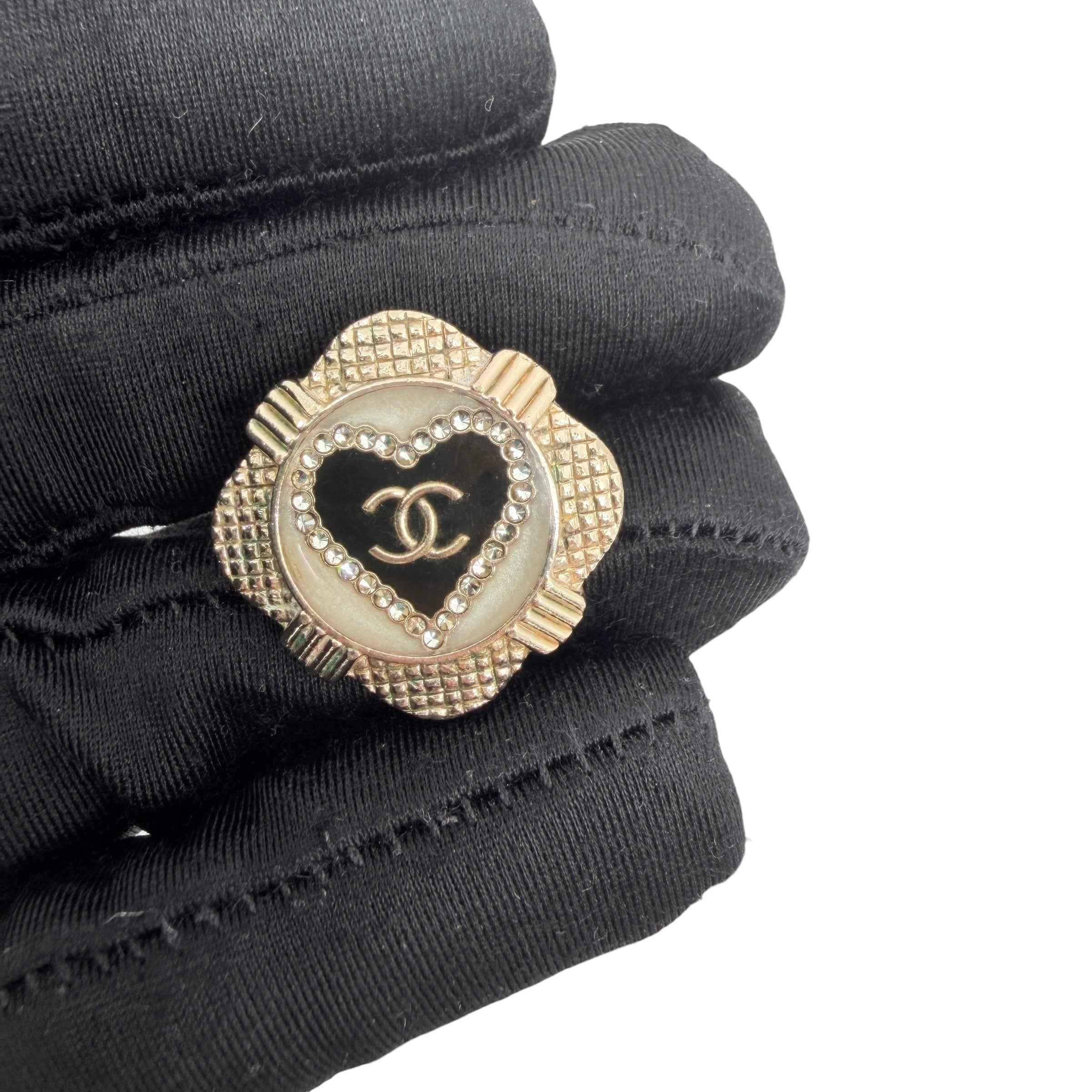 Chanel Goldtone Metal Black Resin Crystal Heart Earrings