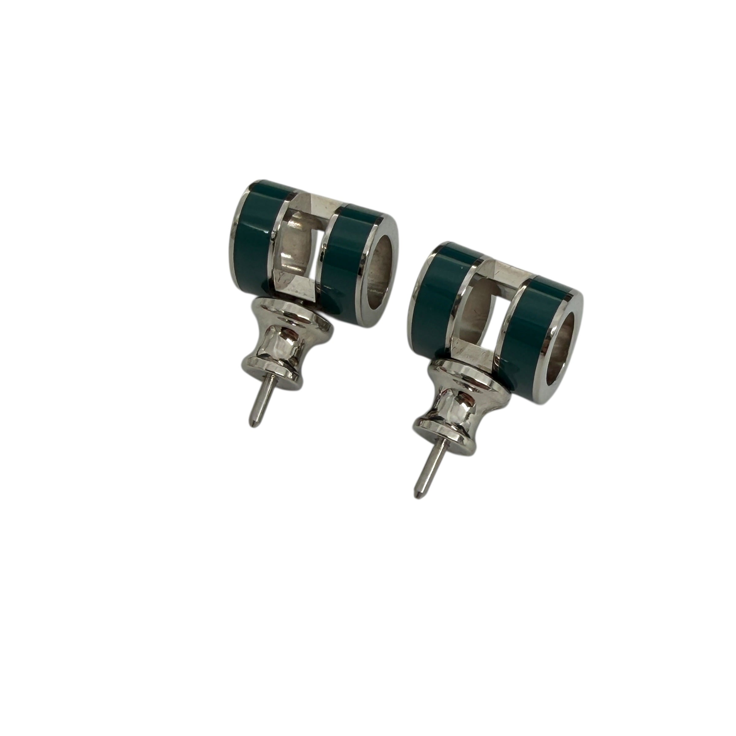 Pre-owned Hermes Green Lacquer Oval Earrings with Malachite Inlay back view