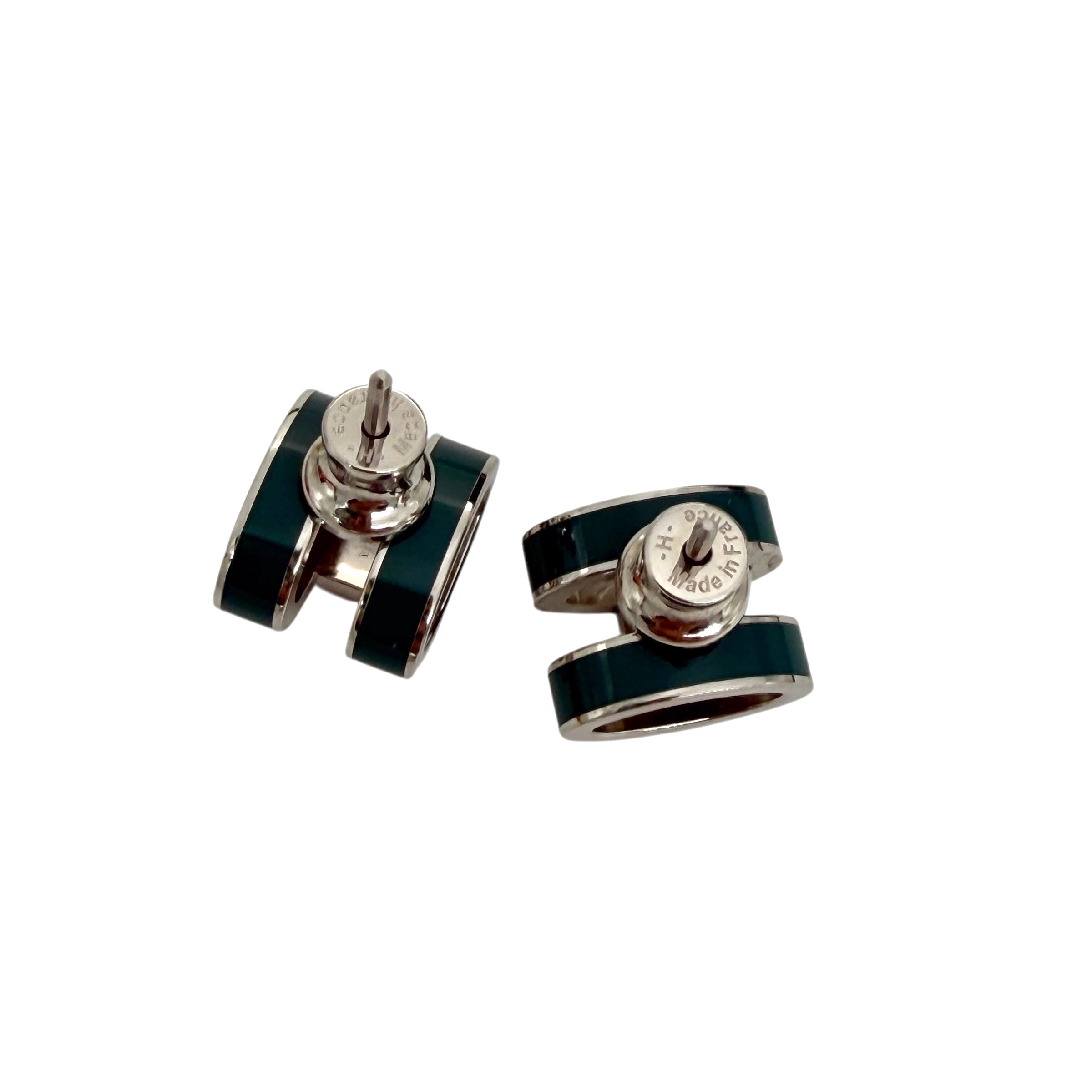 Pre-owned Hermes Green Lacquer Oval Earrings with Malachite Inlay