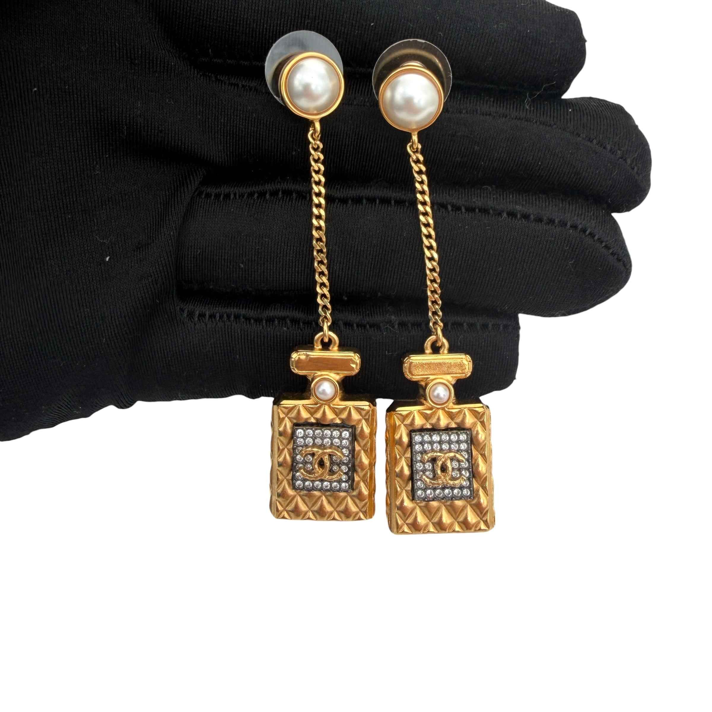 Chanel Crystal Pearl CC Perfume Bottle Chain Drop Earrings Gold