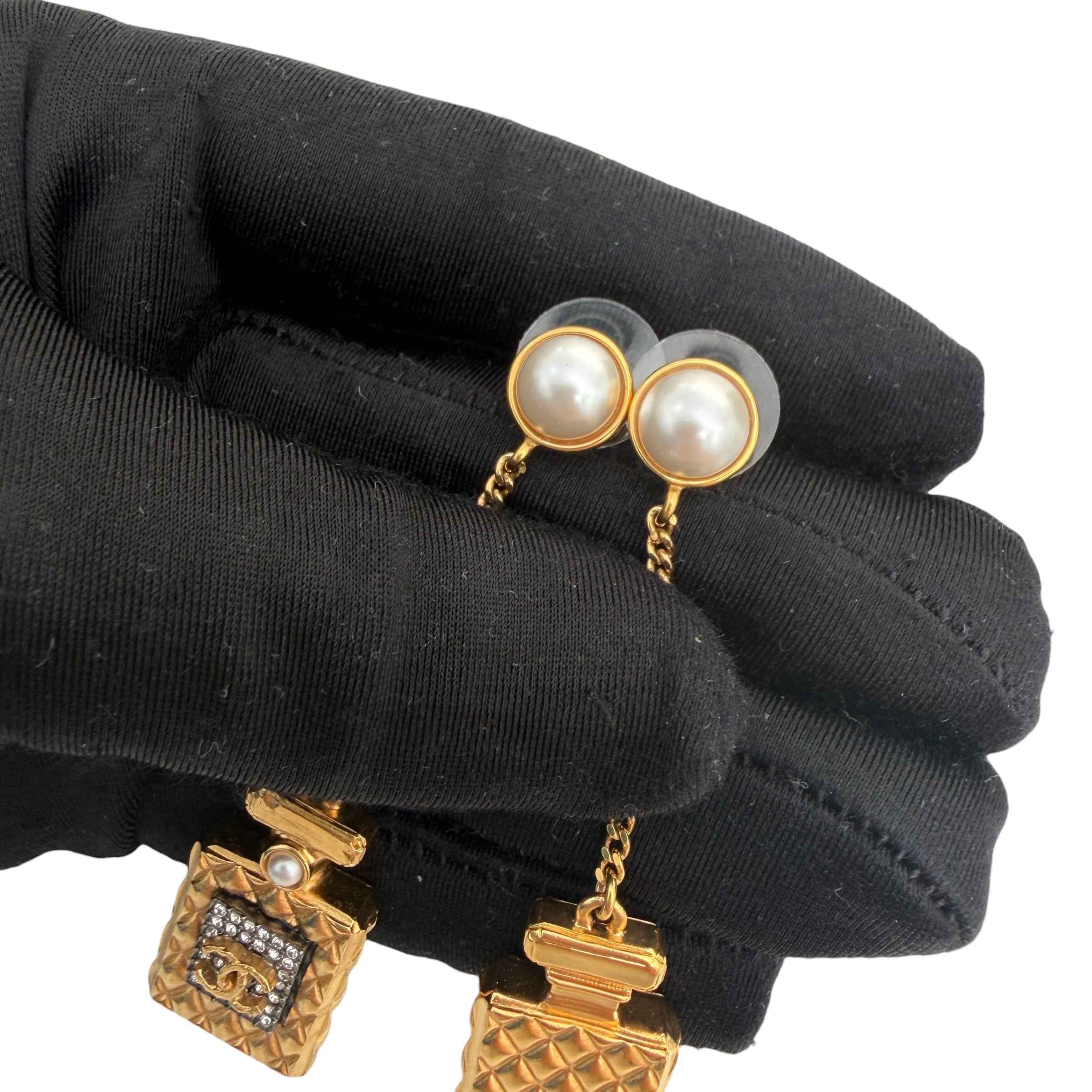 Chanel Crystal Pearl CC Perfume Bottle Chain Drop Earrings Gold