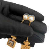 Chanel Crystal Pearl CC Perfume Bottle Chain Drop Earrings Gold