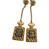 Chanel Crystal Pearl CC Perfume Bottle Chain Drop Earrings Gold
