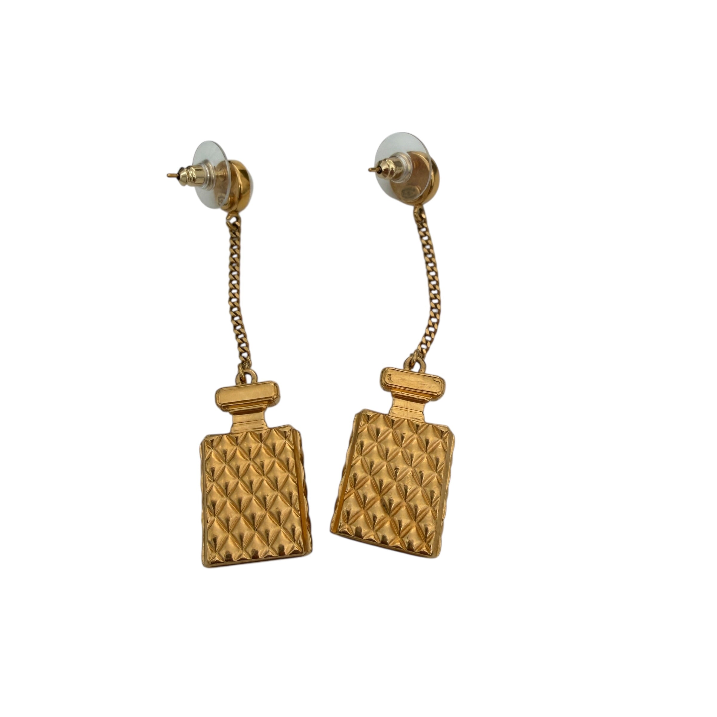 Pre-owned Chanel Crystal Pearl CC Perfume Bottle Chain Drop Earrings Gold back view