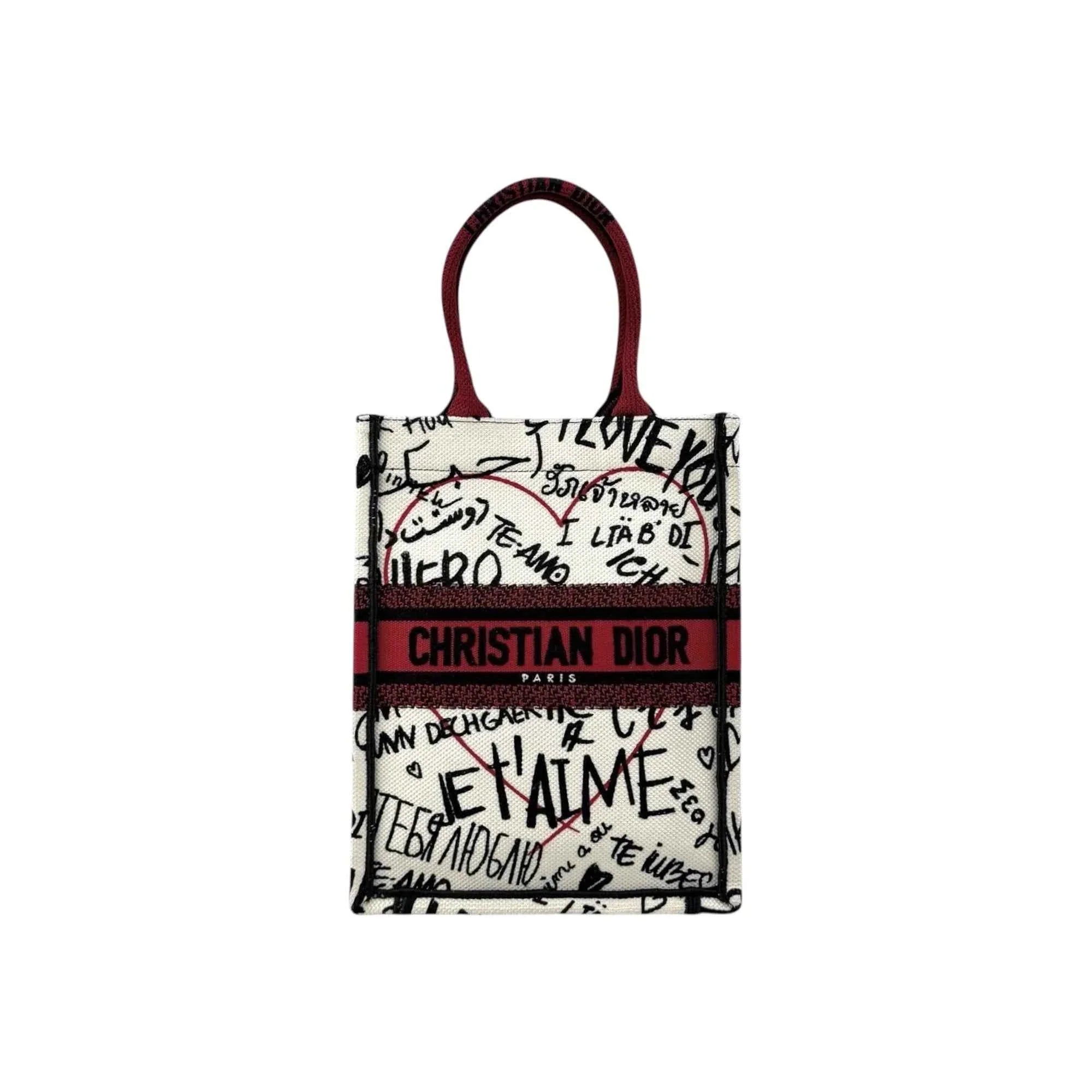 Dior White and Red Embroidered Canvas Dioramour Graffiti Vertical Book Tote