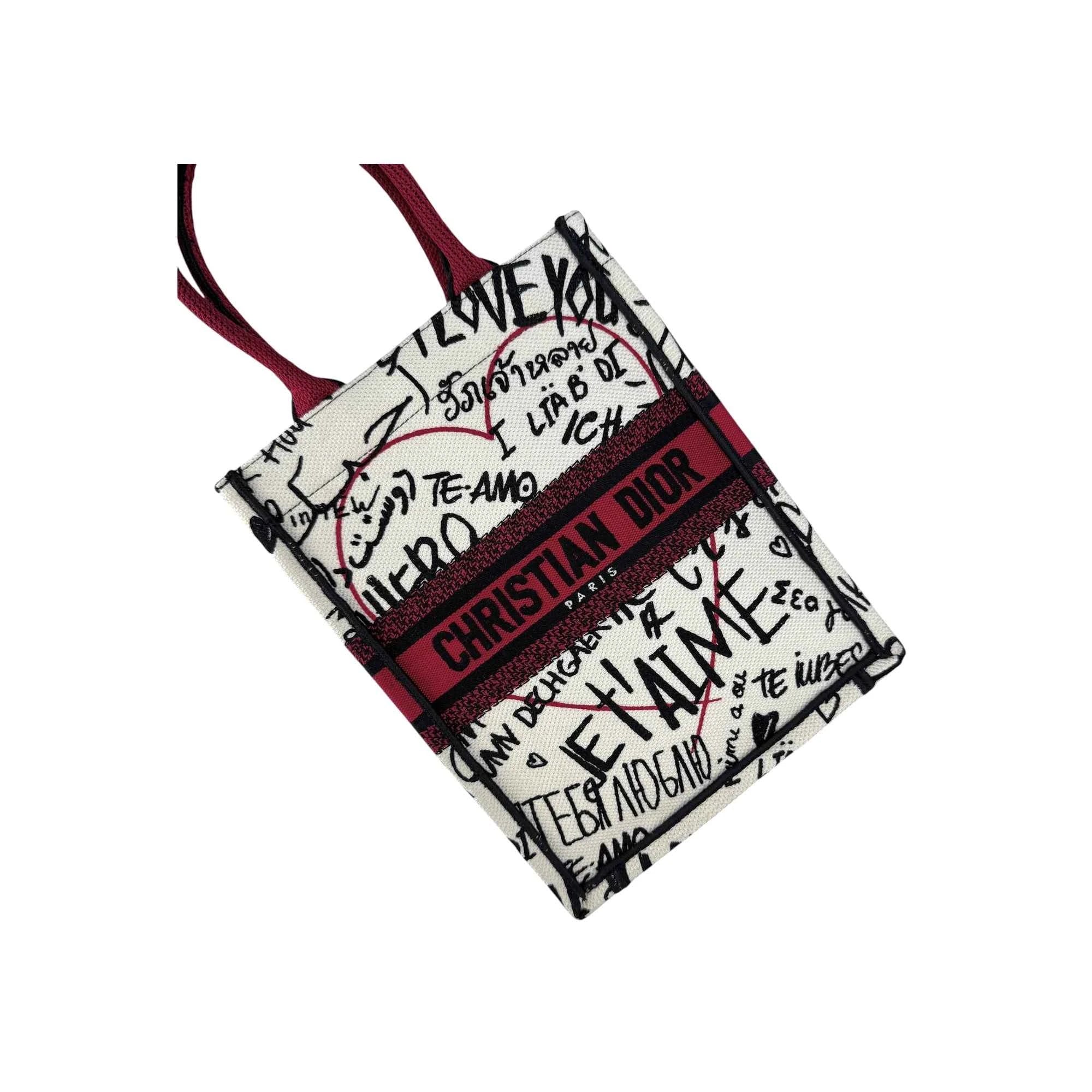 Dior White and Red Embroidered Canvas Dioramour Graffiti Vertical Book Tote