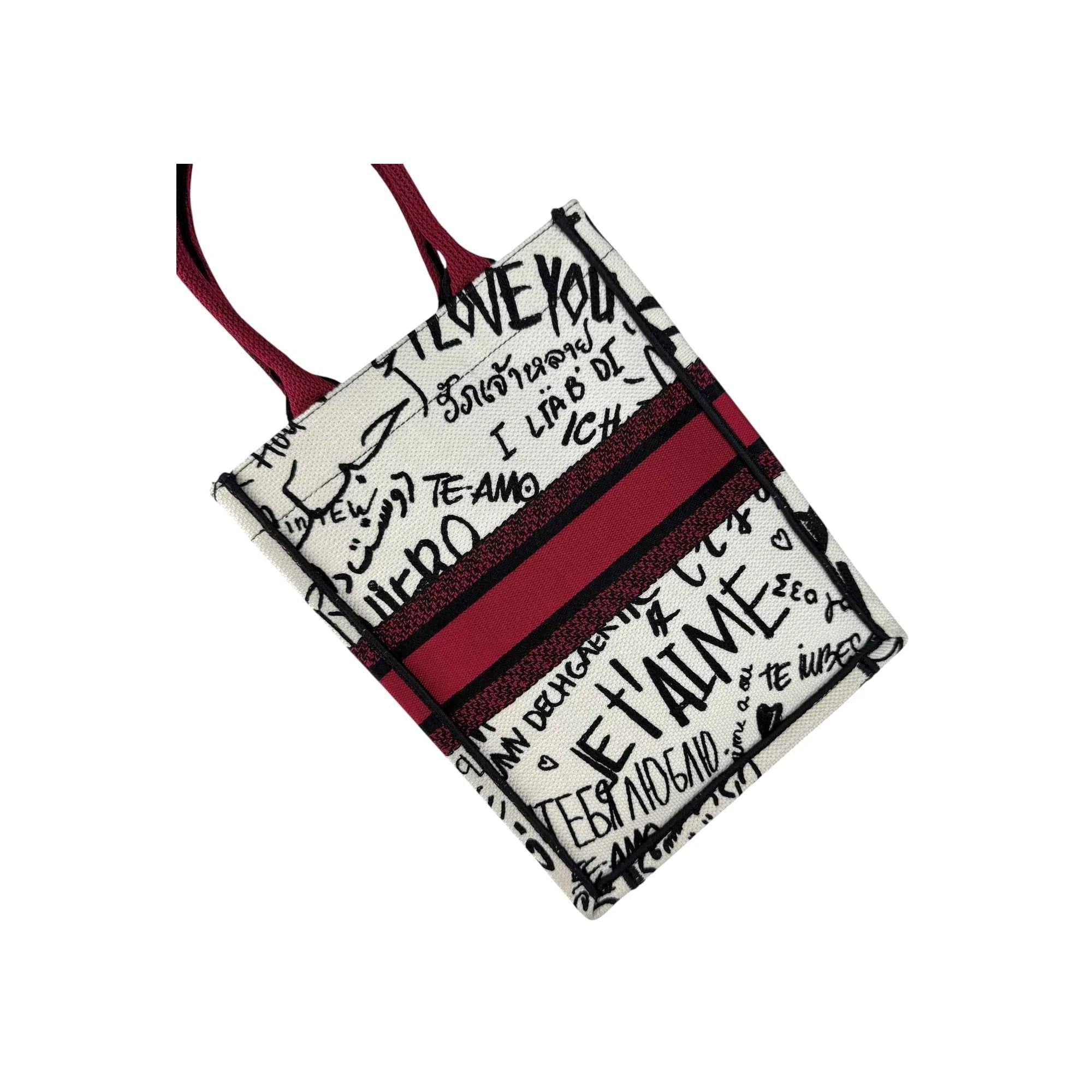 Dior White and Red Embroidered Canvas Dioramour Graffiti Vertical Book Tote