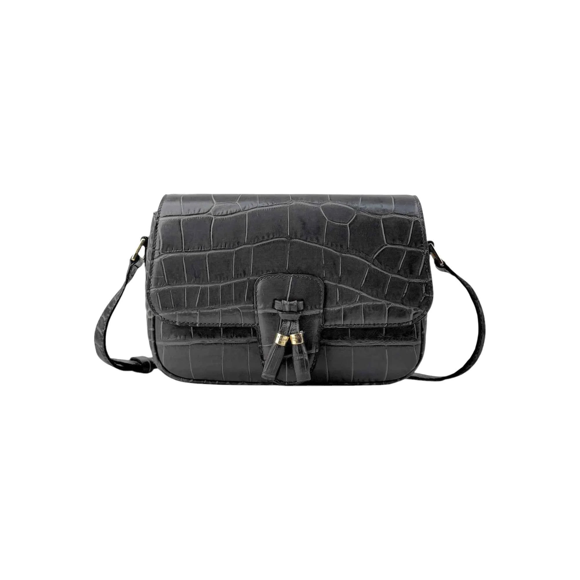 Celine Grey Crocodile-Embossed Leather Tassels Bag