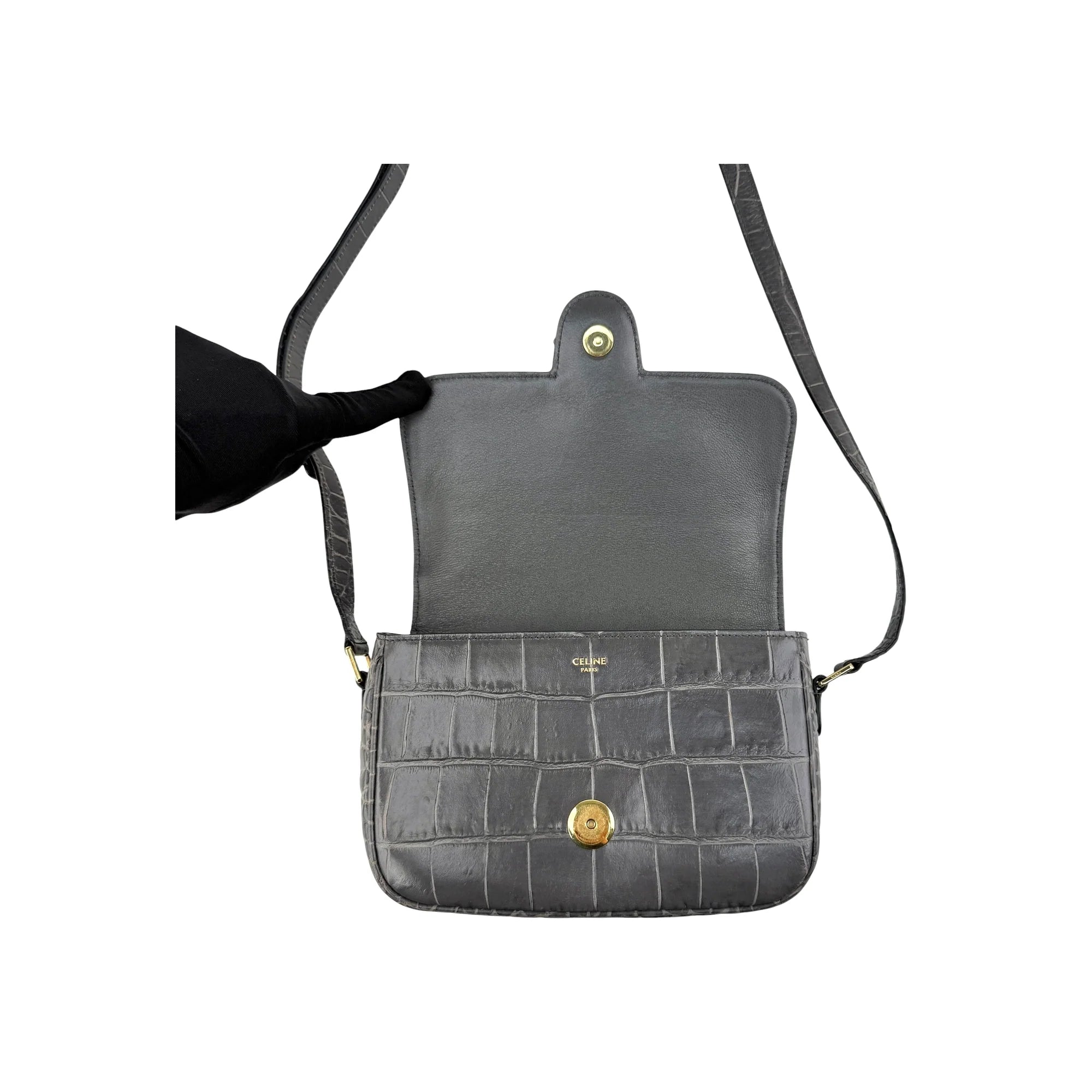 Celine Grey Crocodile-Embossed Leather Tassels Bag