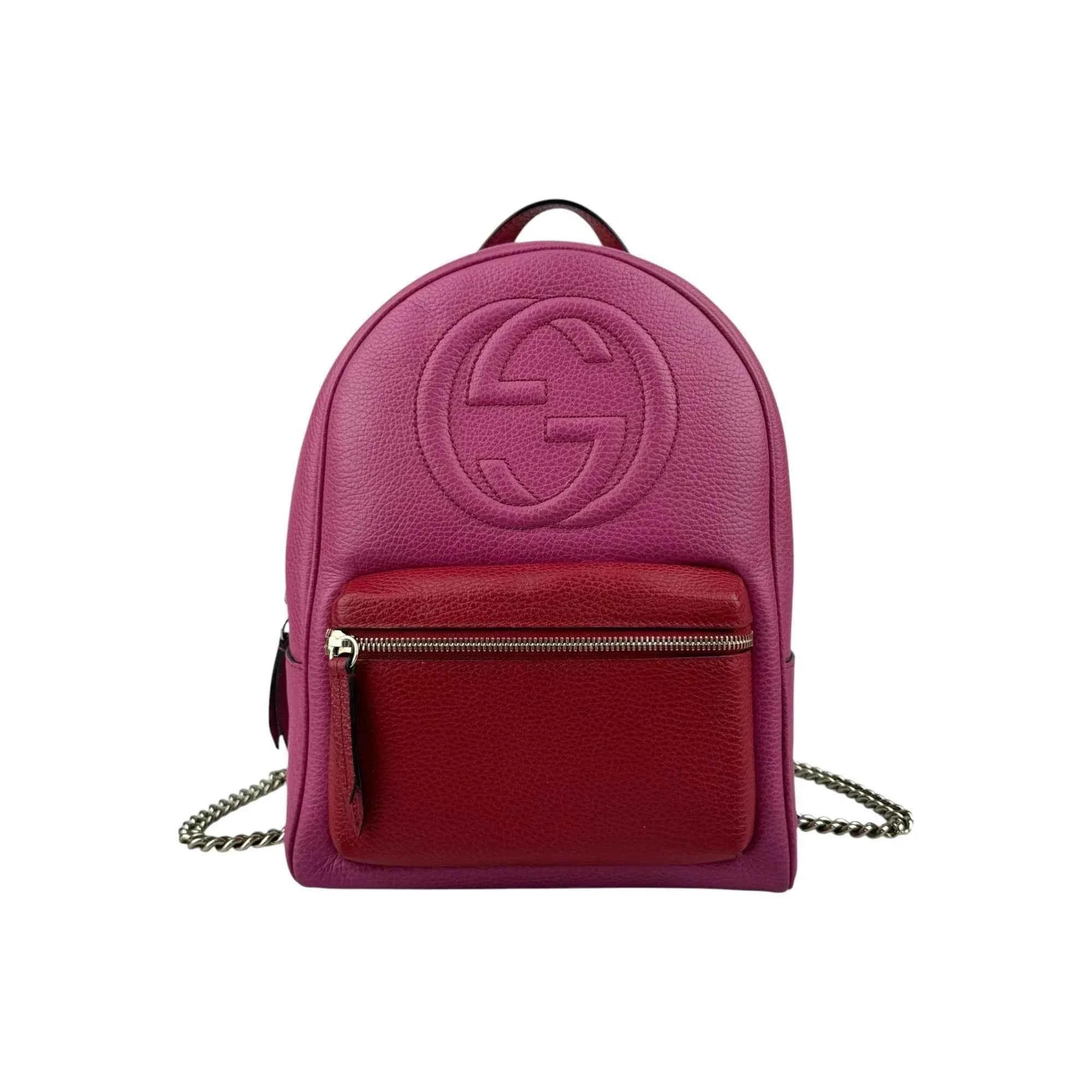 Gucci Soho Pink Red Pebbled Leather Color block Gold Tone Chain Strap Backpack