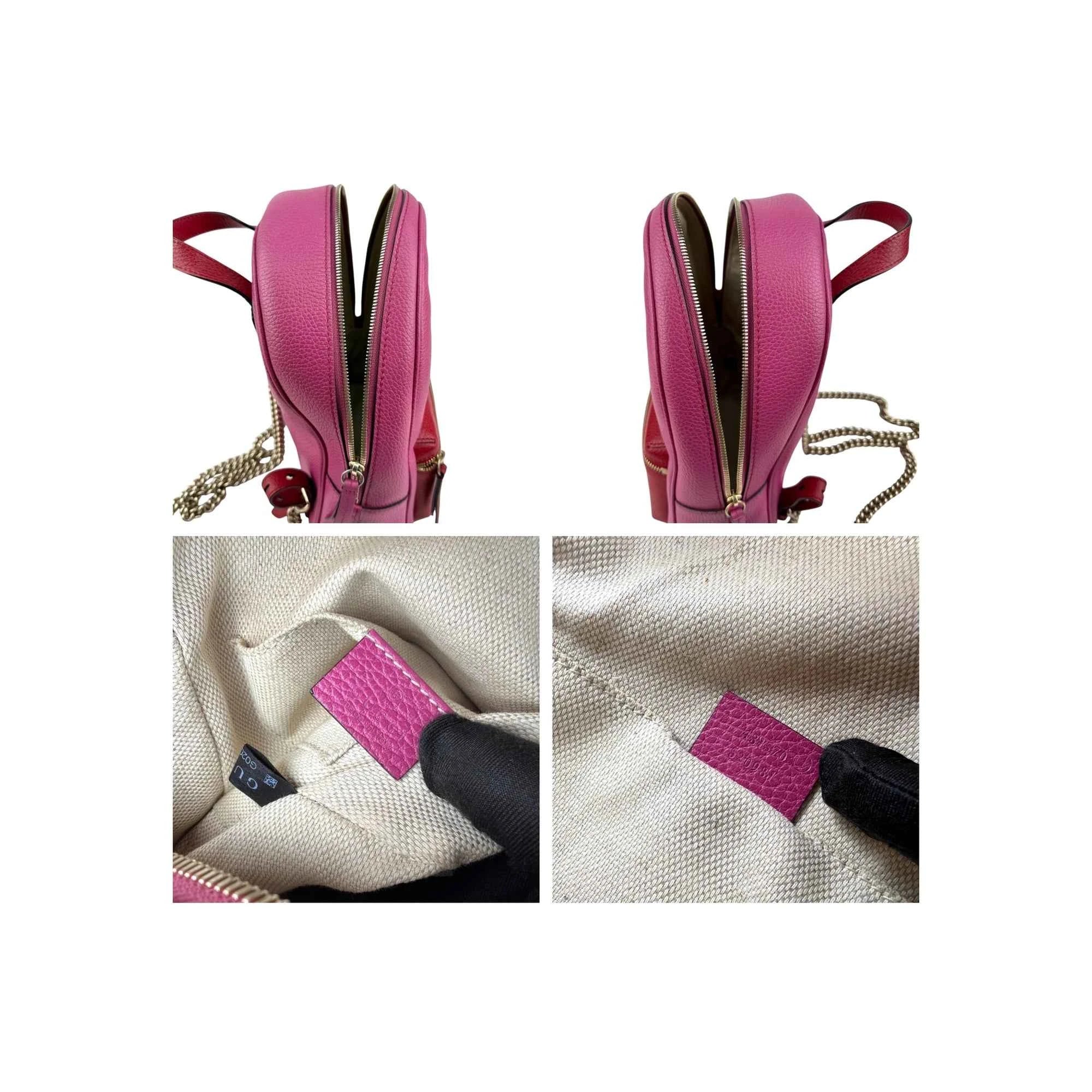 Gucci Soho Pink Red Pebbled Leather Color block Gold Tone Chain Strap Backpack
