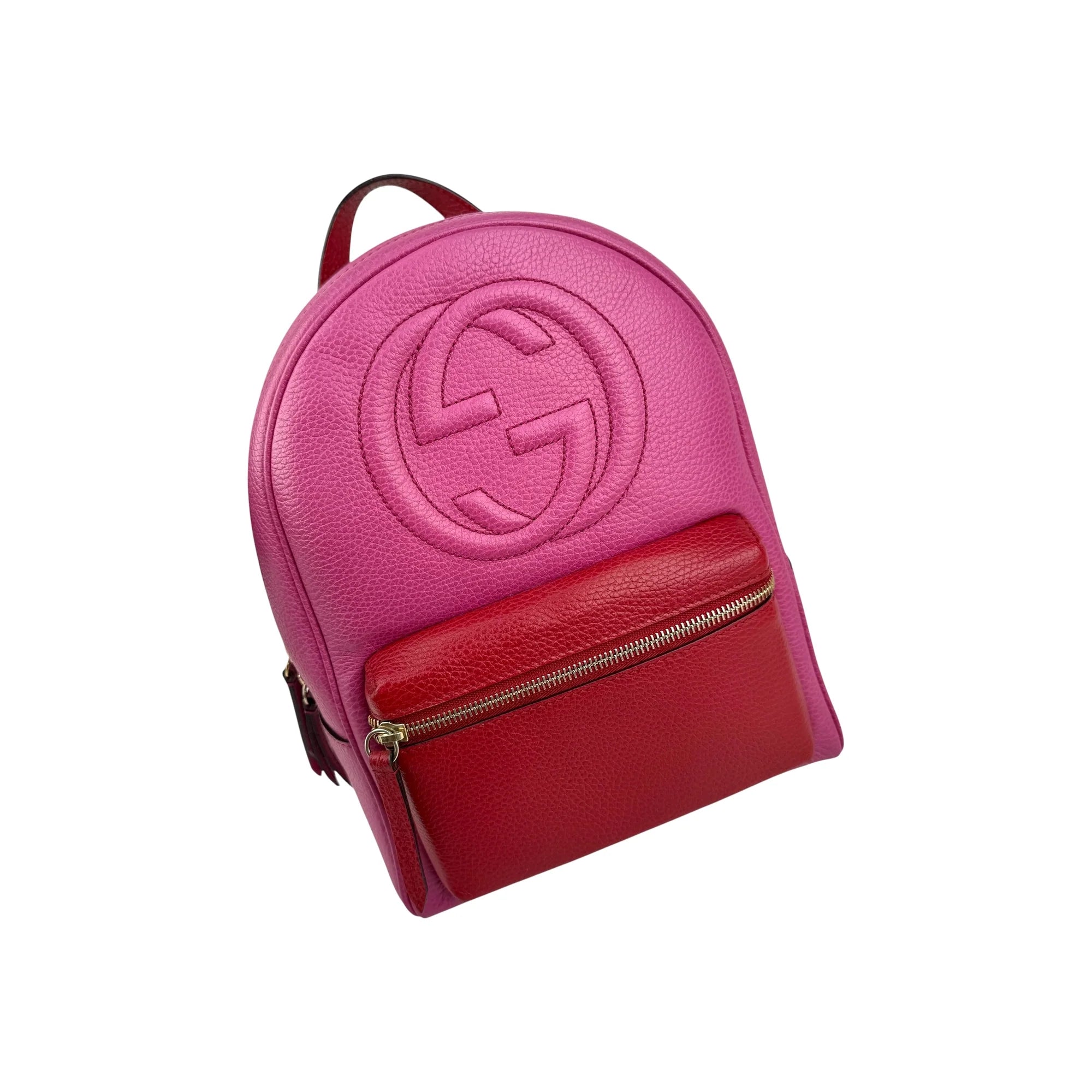 Gucci Soho Pink Red Pebbled Leather Color block Gold Tone Chain Strap Backpack