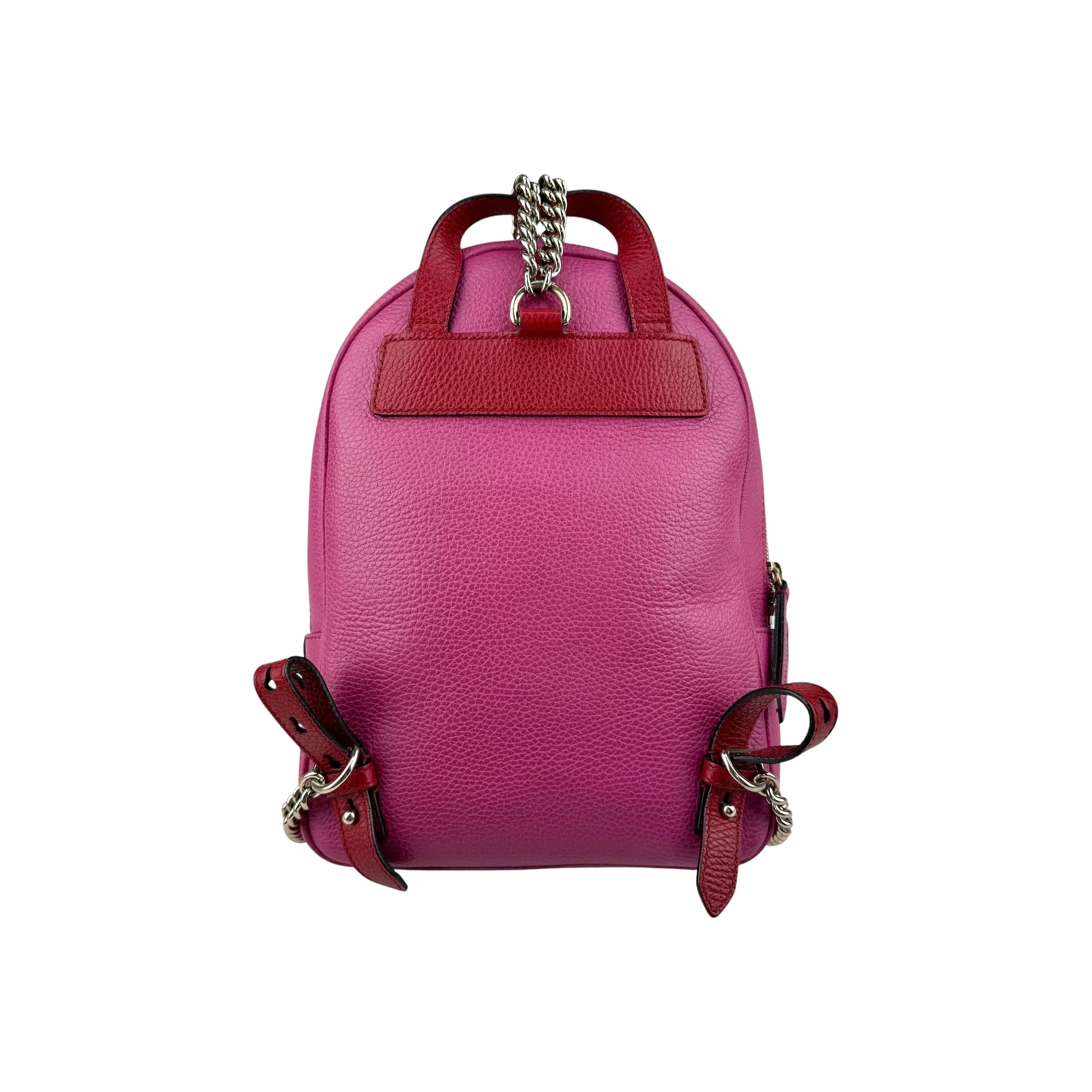 Gucci Soho Pink Red Pebbled Leather Color block Gold Tone Chain Strap Backpack