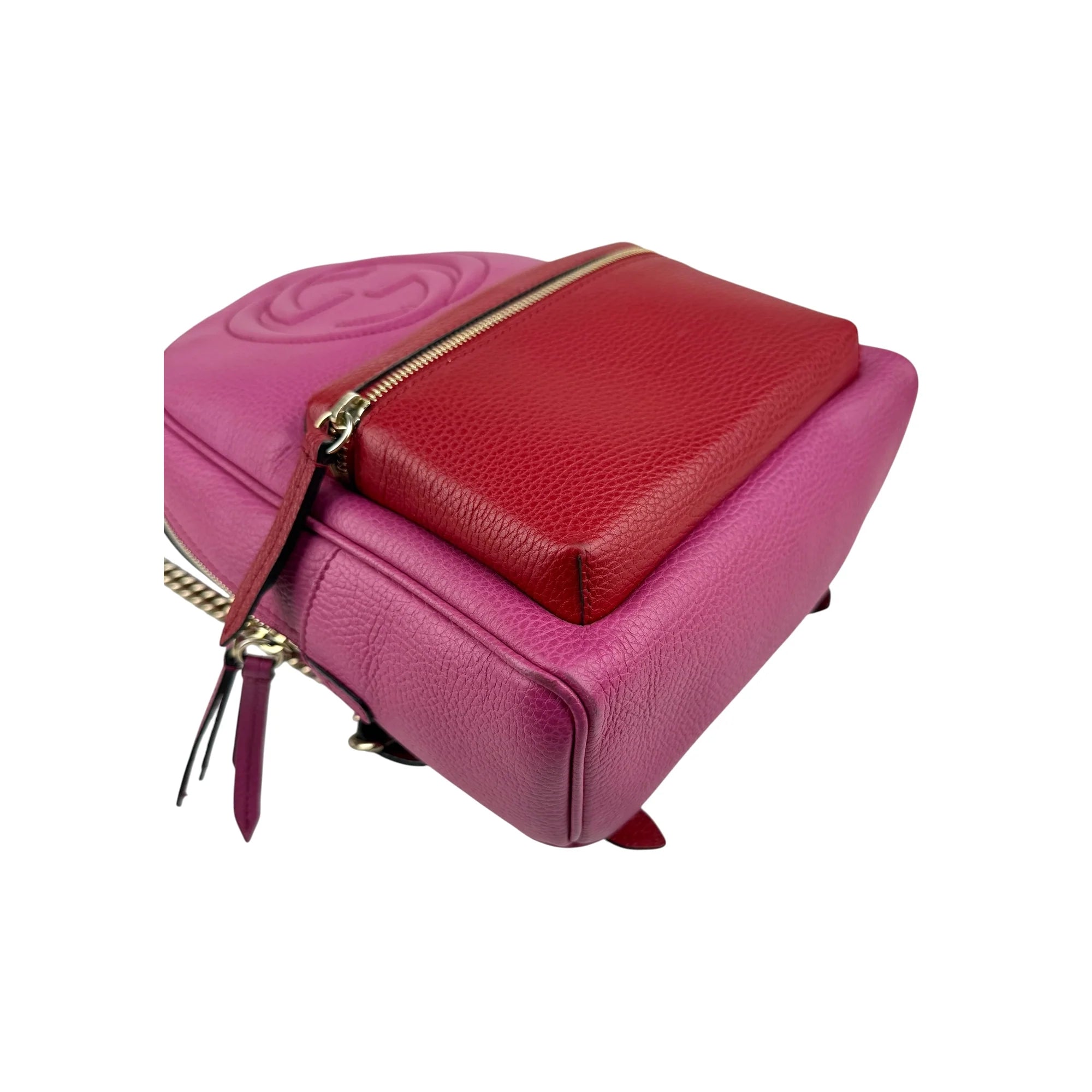 Gucci Soho Pink Red Pebbled Leather Color block Gold Tone Chain Strap Backpack