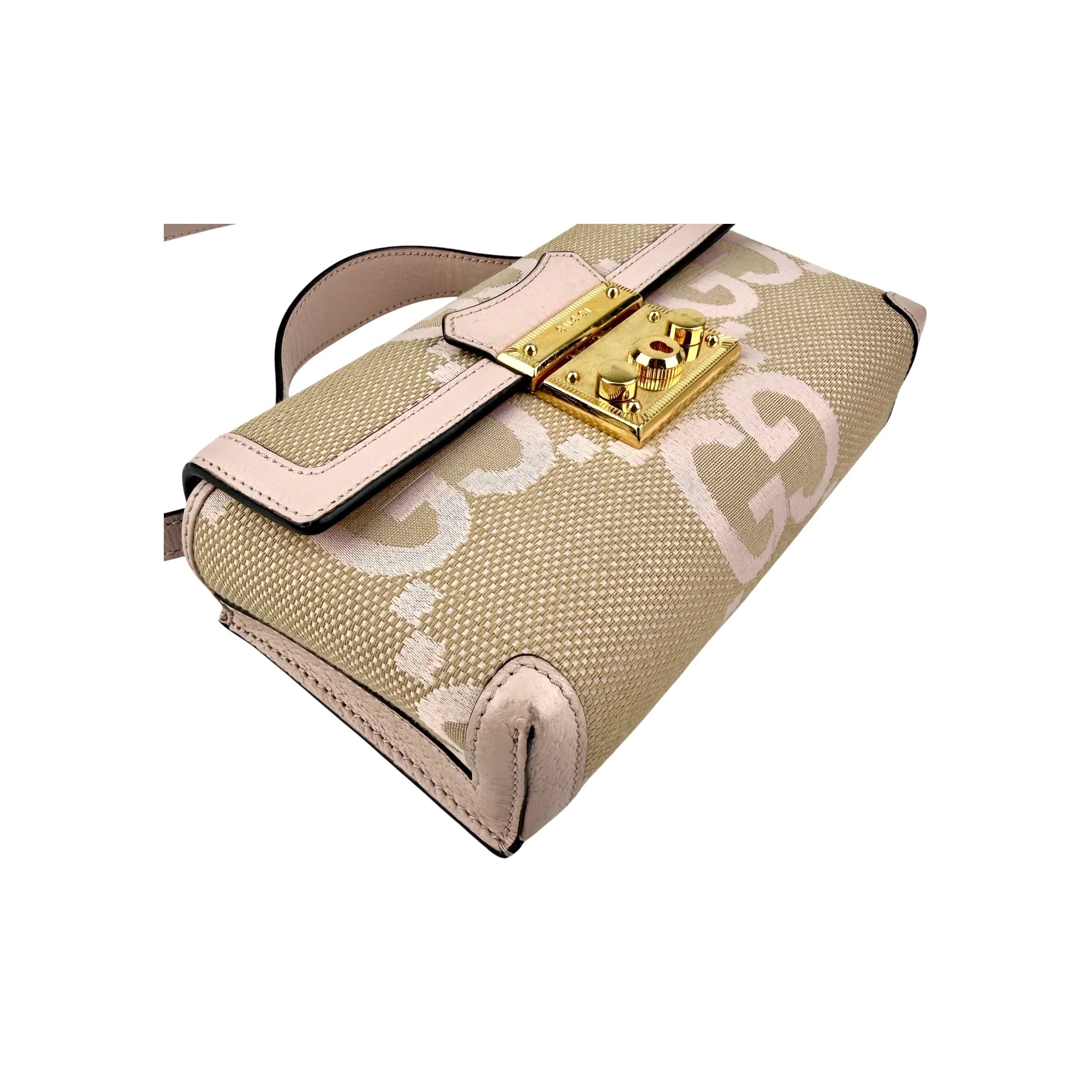 Gucci Monogram Jumbo GG Textured Calfskin Mini Padlock Top Handle Shoulder Bag