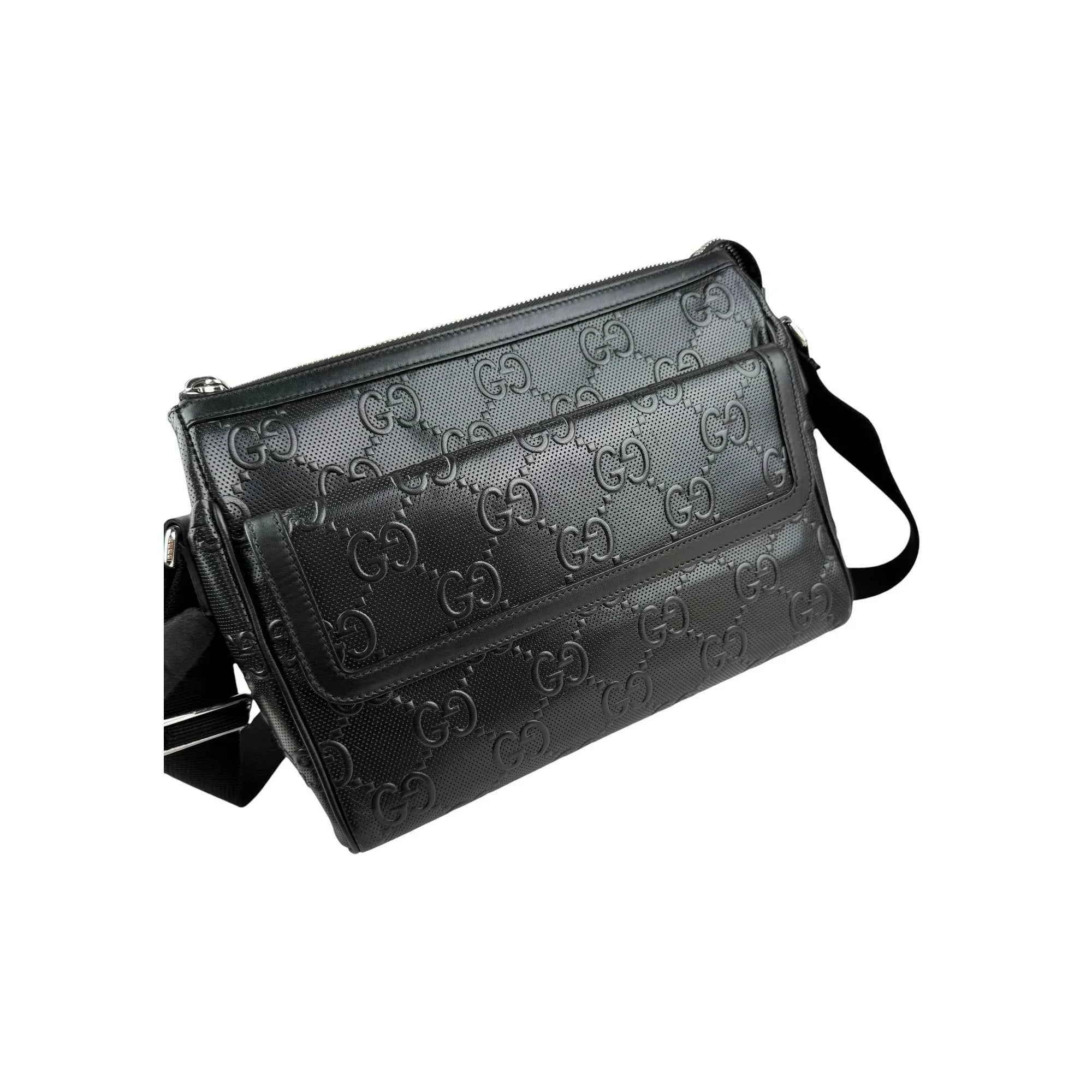 Gucci Black Leather Embossed GG Crossbody Bag