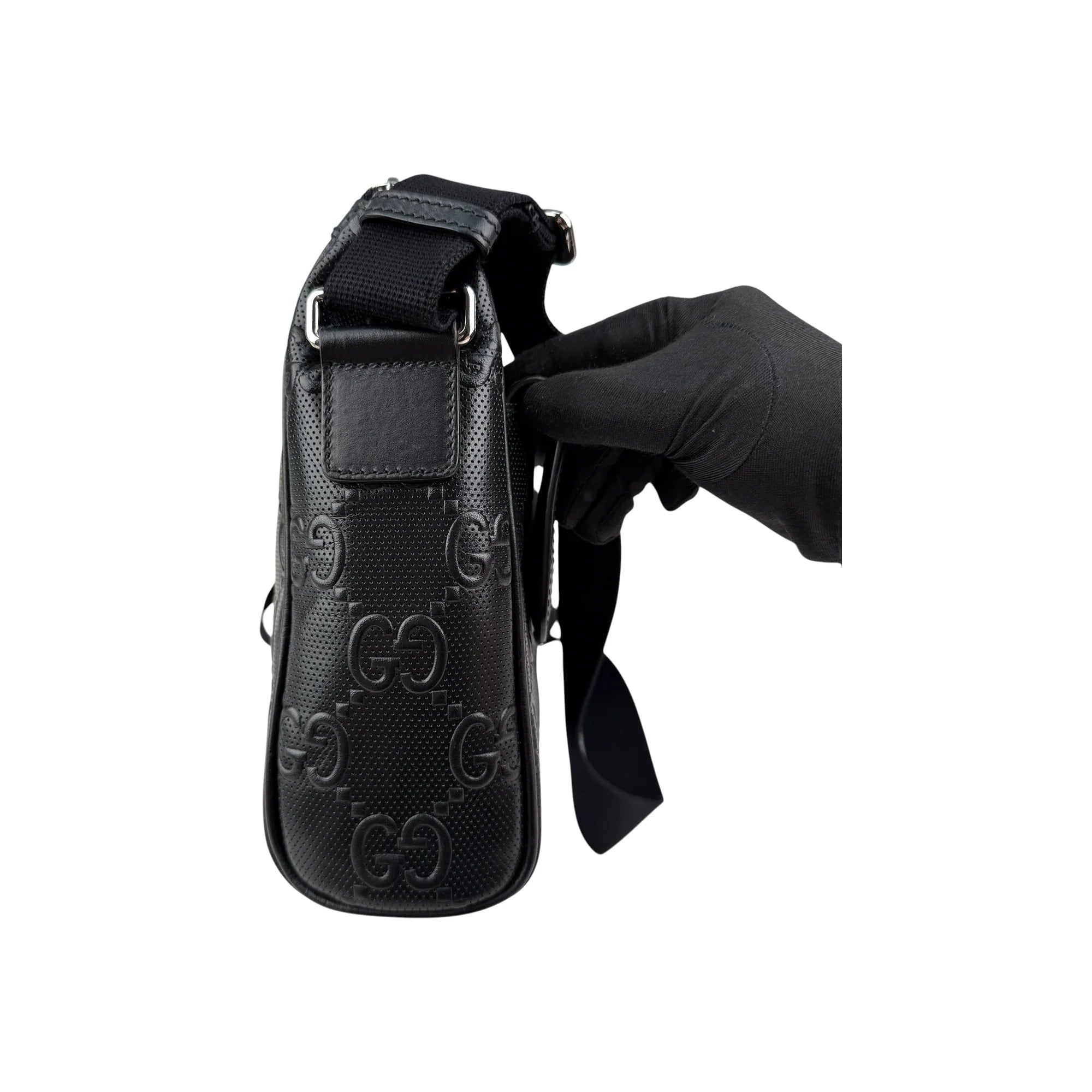 Gucci Black Leather Embossed GG Crossbody Bag