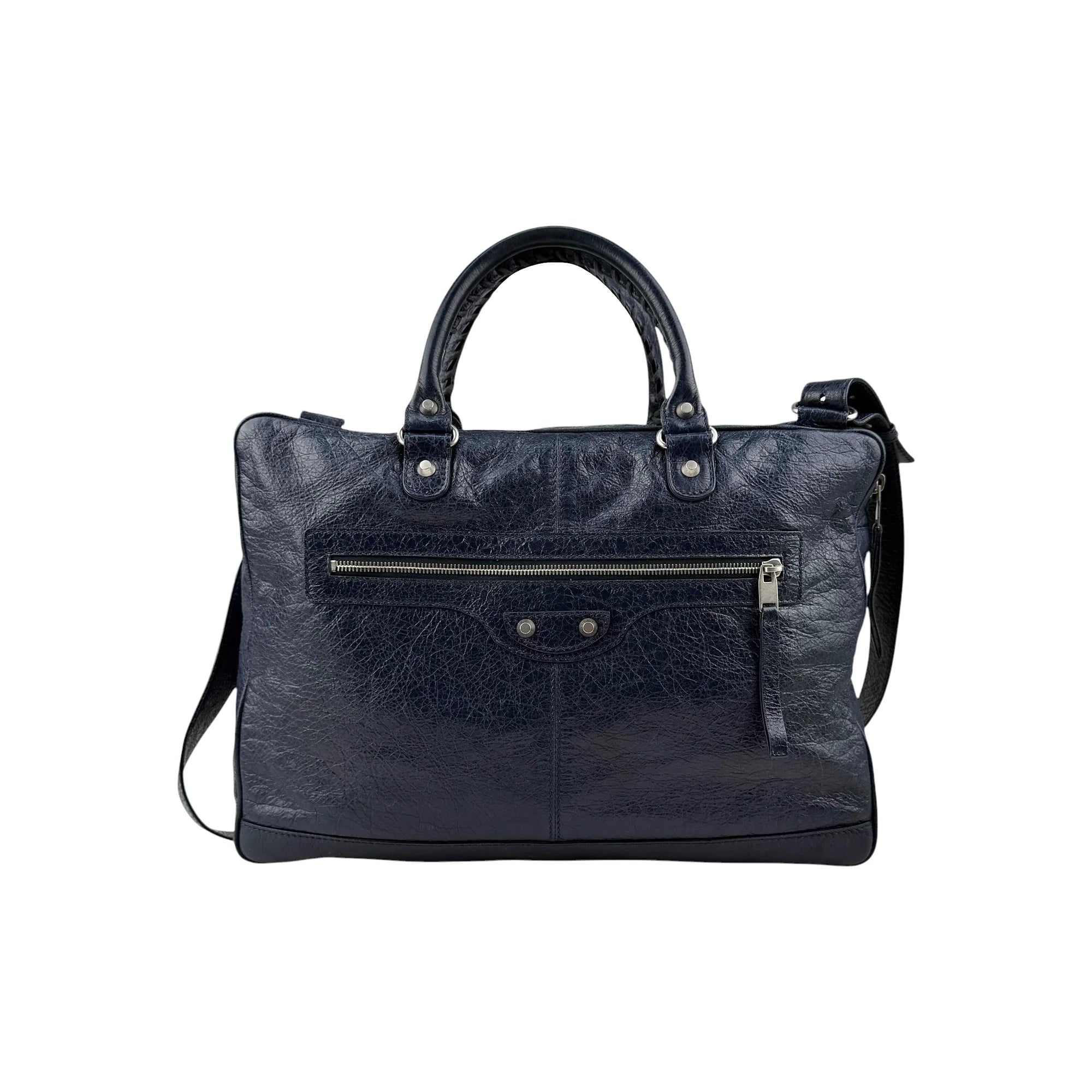 Balenciaga Navy Lambskin Leather City Briefcase Bag