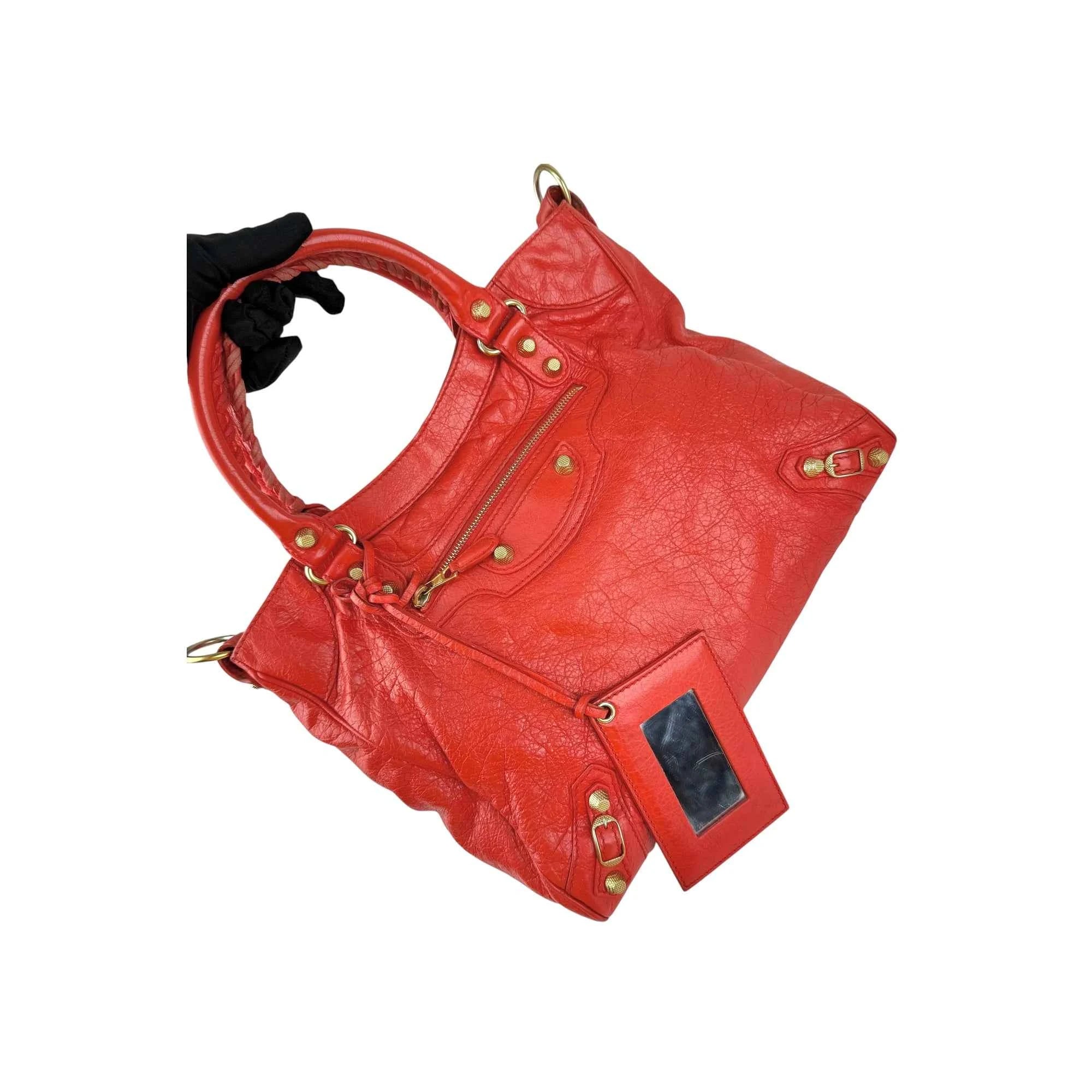 Balenciaga Rouge Ambre Lambskin Leather Giant Motorcycle City Bag