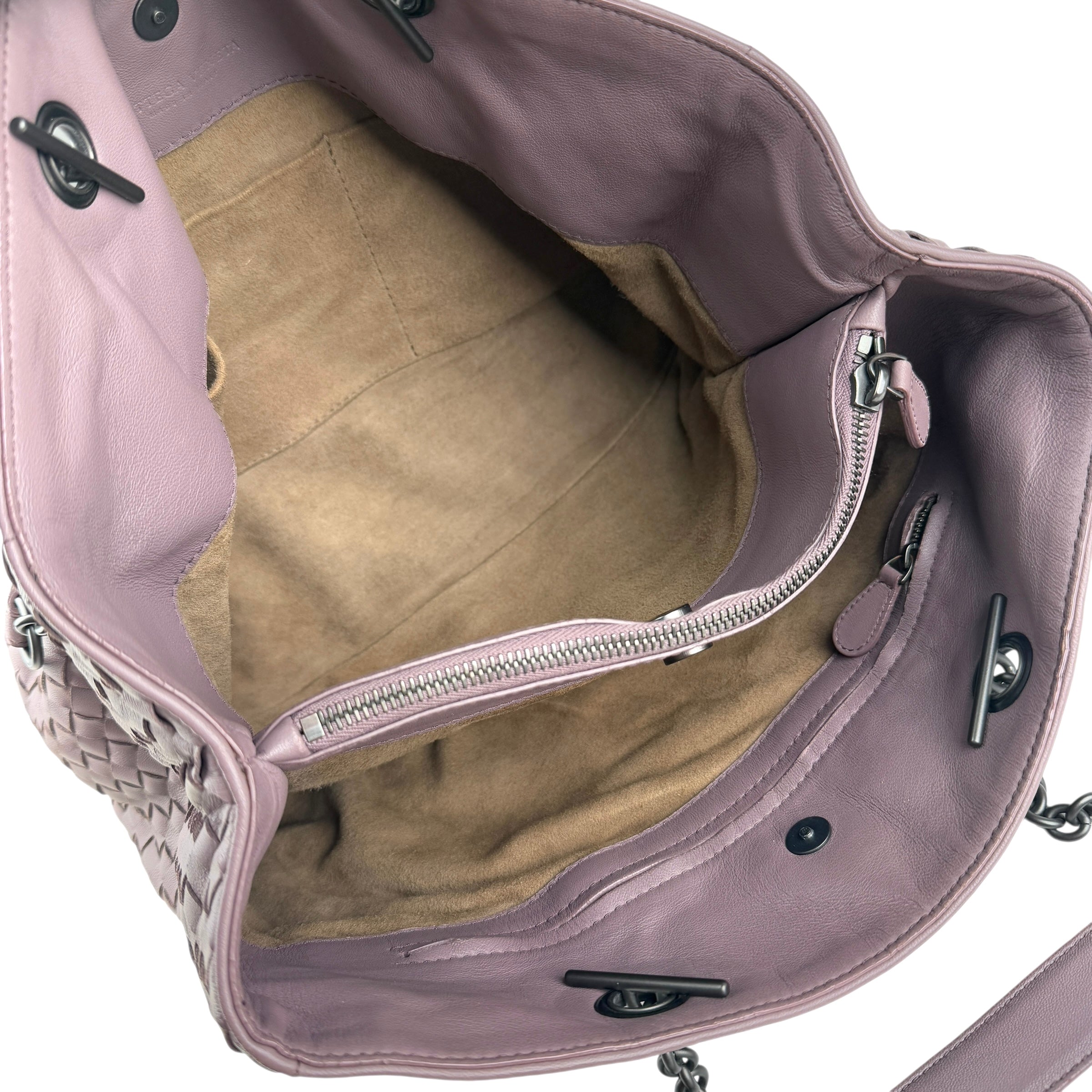 bottega veneta lilac intrecciato leather double chain tote inside