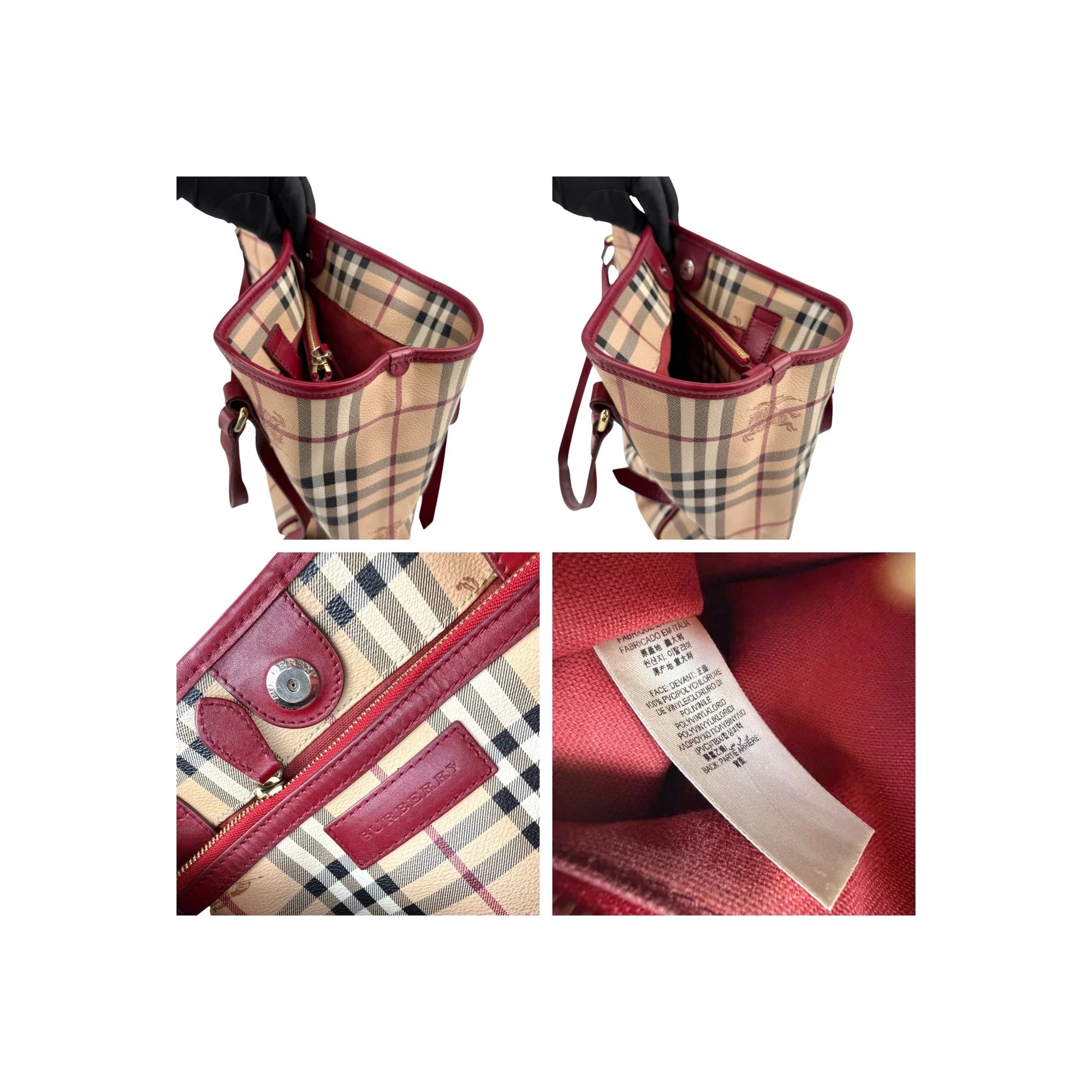 Burberry Red Leather Haymarket Check Coated Canvas Large Canterbury Tote Bag