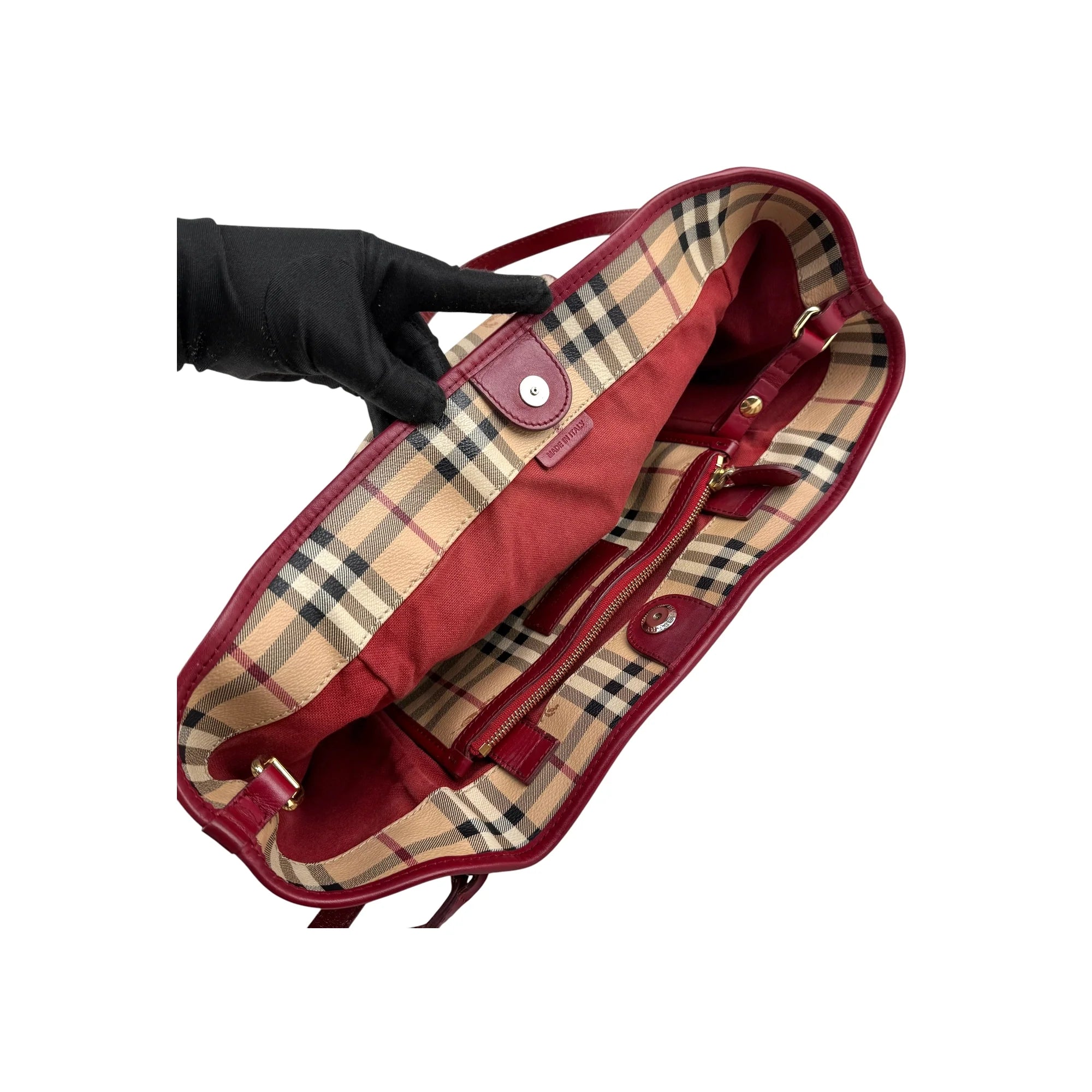 Burberry Red Leather Haymarket Check Coated Canvas Large Canterbury Tote Bag