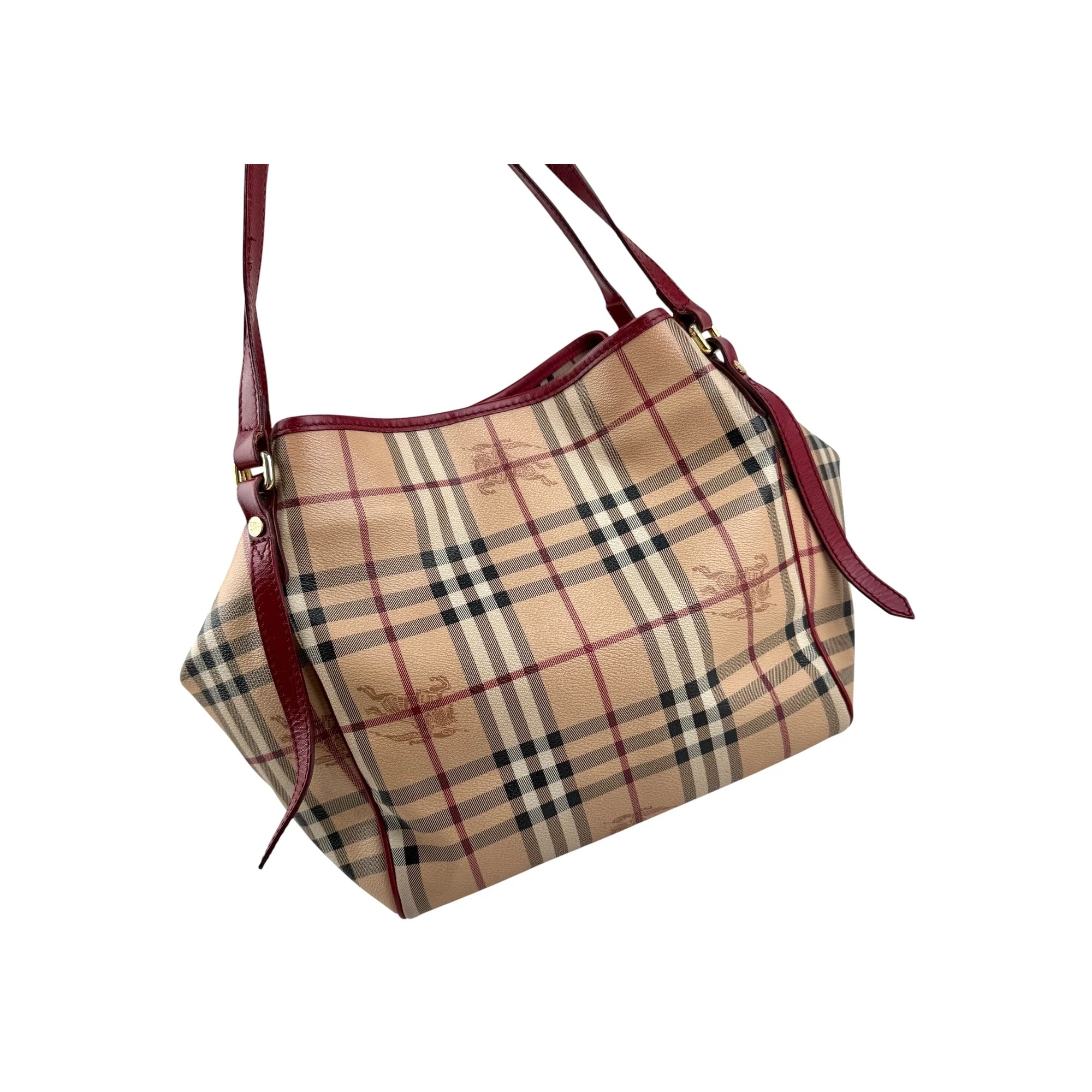 Burberry Red Leather Haymarket Check Coated Canvas Large Canterbury Tote Bag