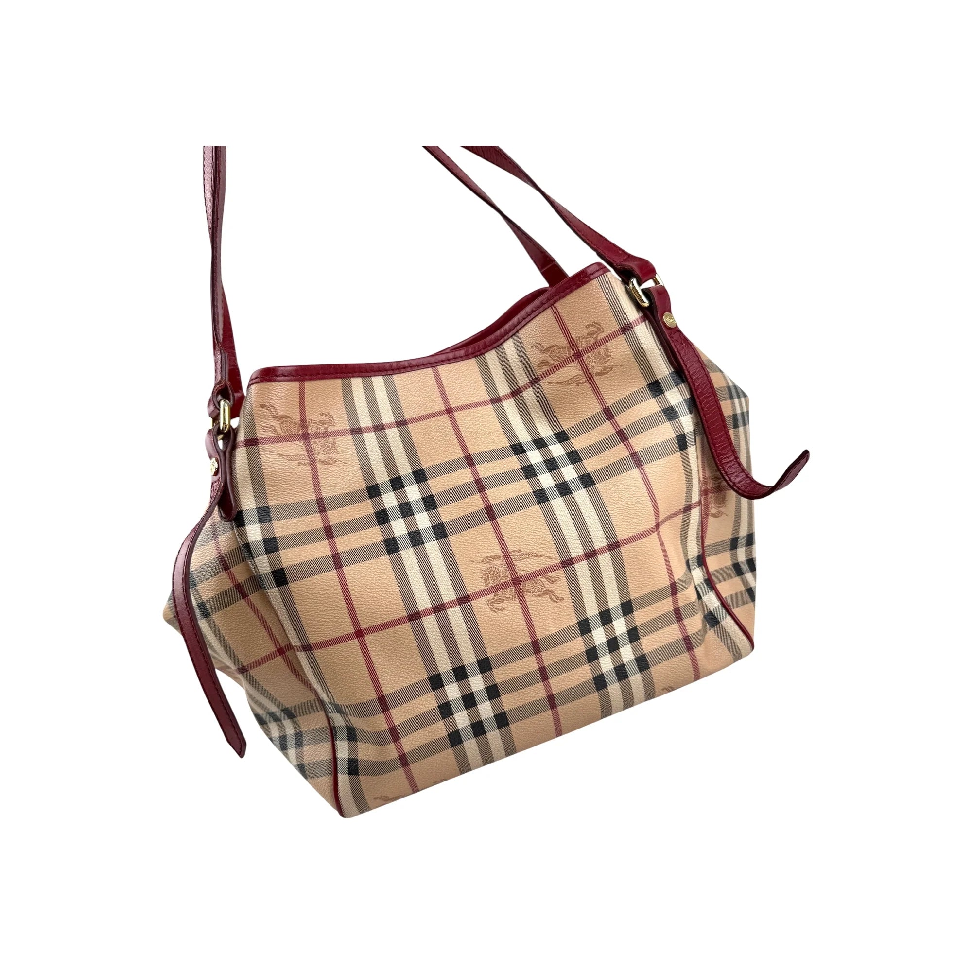 Burberry Red Leather Haymarket Check Coated Canvas Large Canterbury Tote Bag