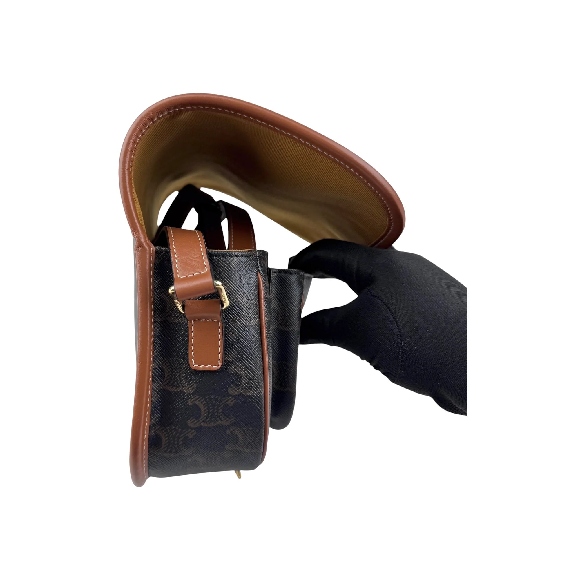 Celine Tan Triomphe Coated Canvas Folco Crossbody Bag