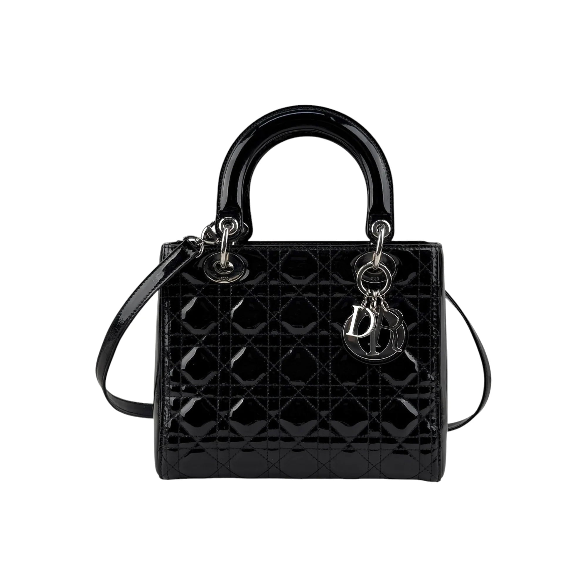 Christian Dior Black Cannage Quilted Patent Leather Lady Dior Bag