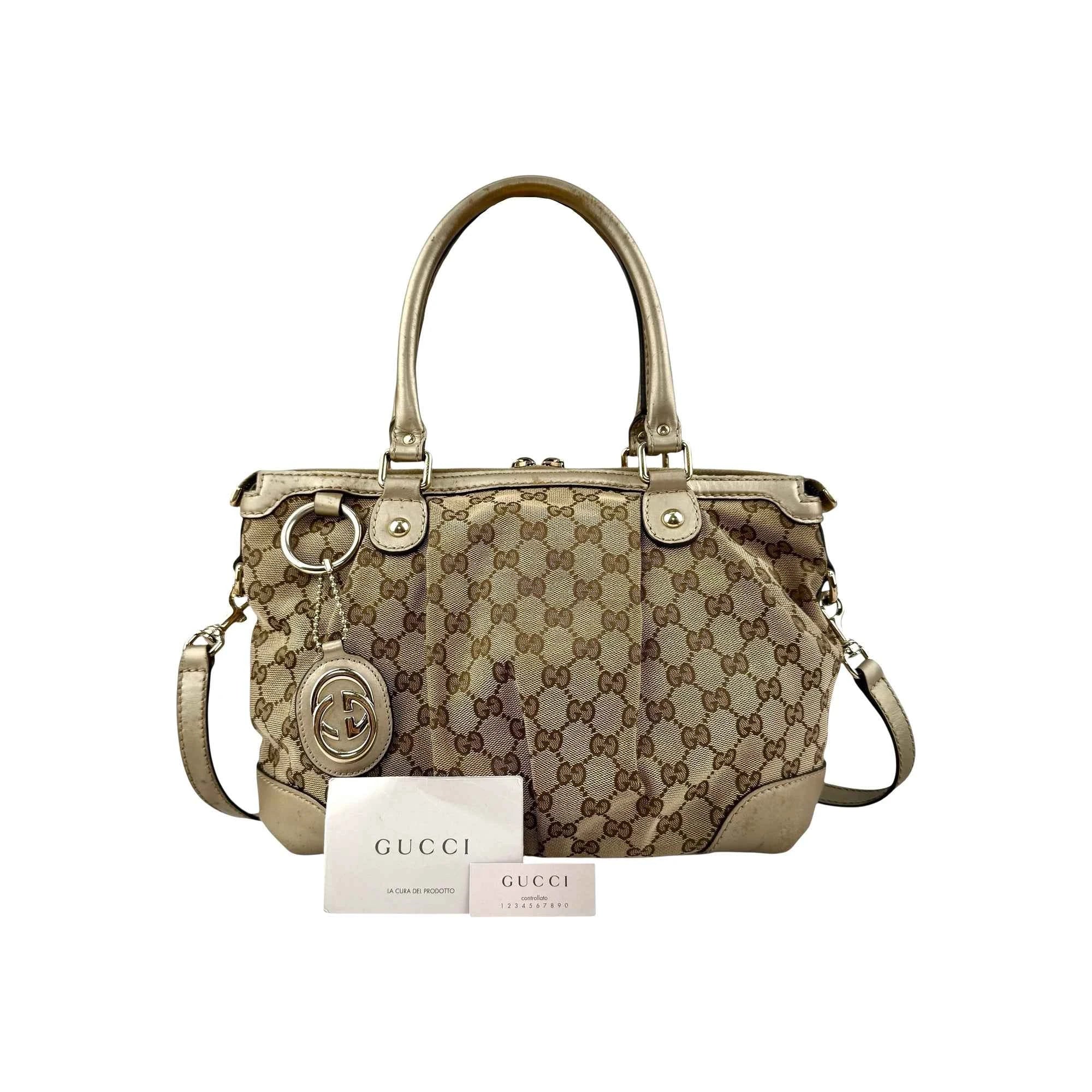 Gucci Beige Gold GG Canvas Sukey Top Handle Bag
