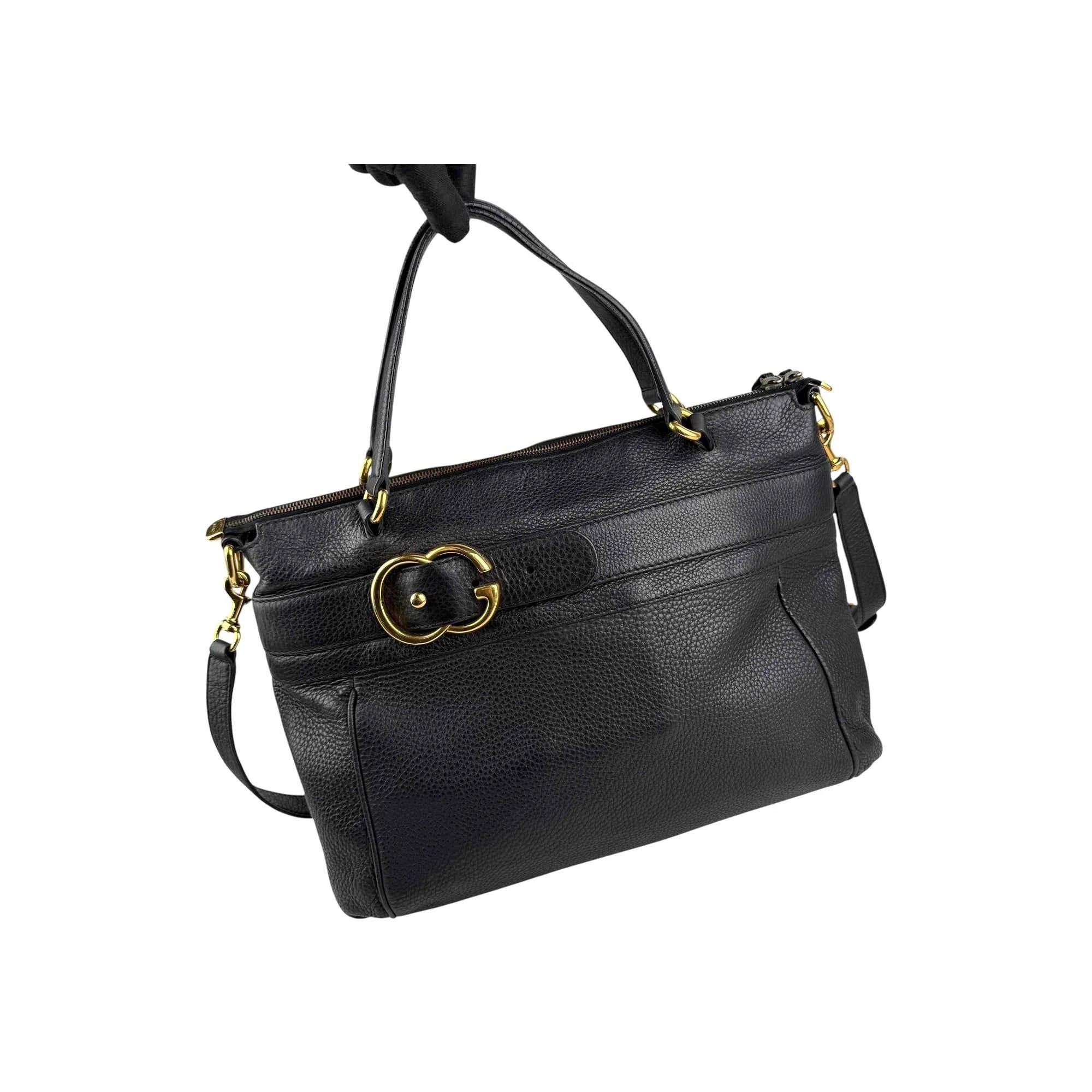 Gucci Black Pebbled Leather Medium Ride Top Handle Bag