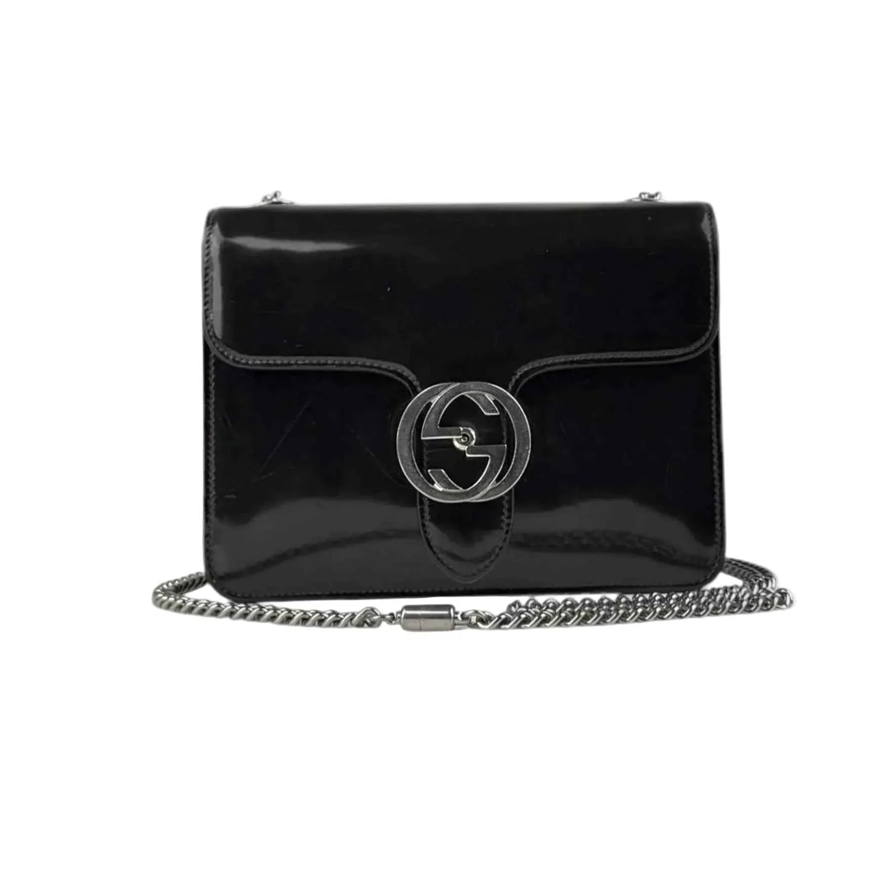 Gucci Black Polished Calfskin Leather Interlocking G Shoulder Bag