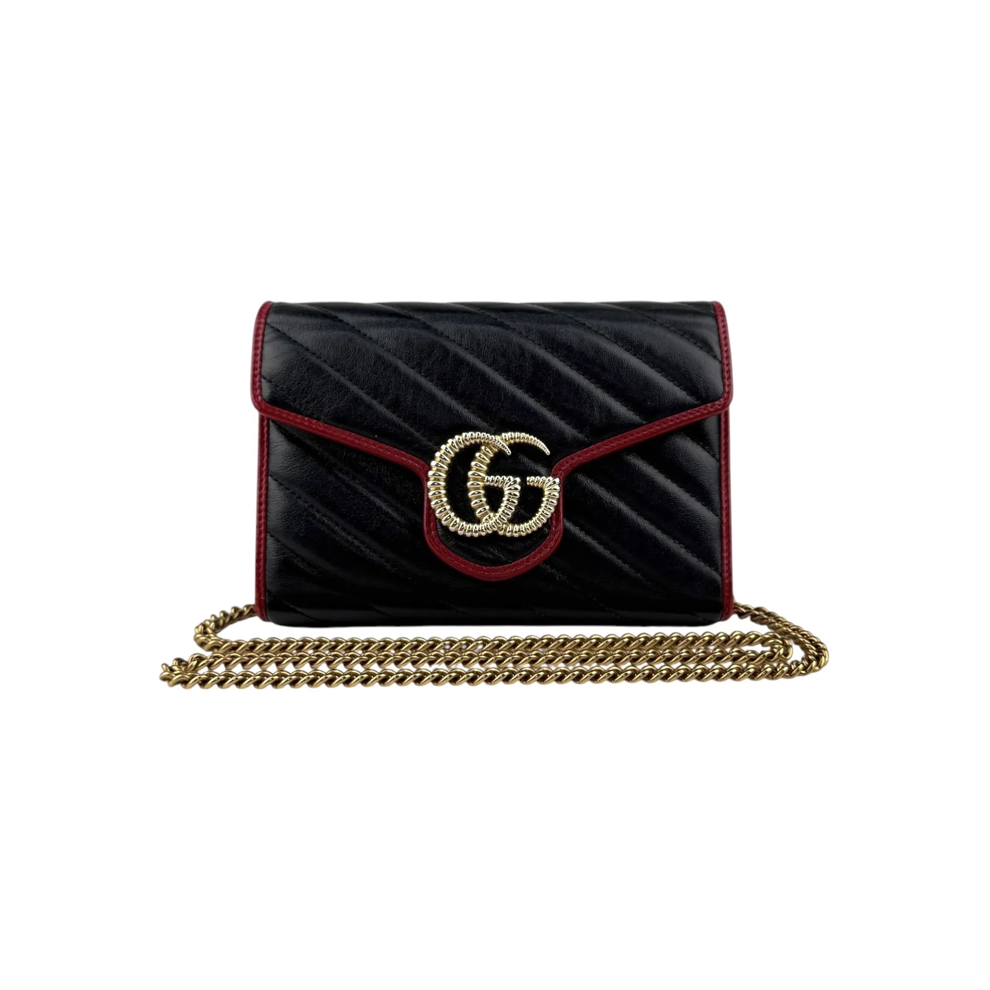 Gucci Black/Red Diagonal Quilt Leather GG Marmont Torchon Wallet on Chain