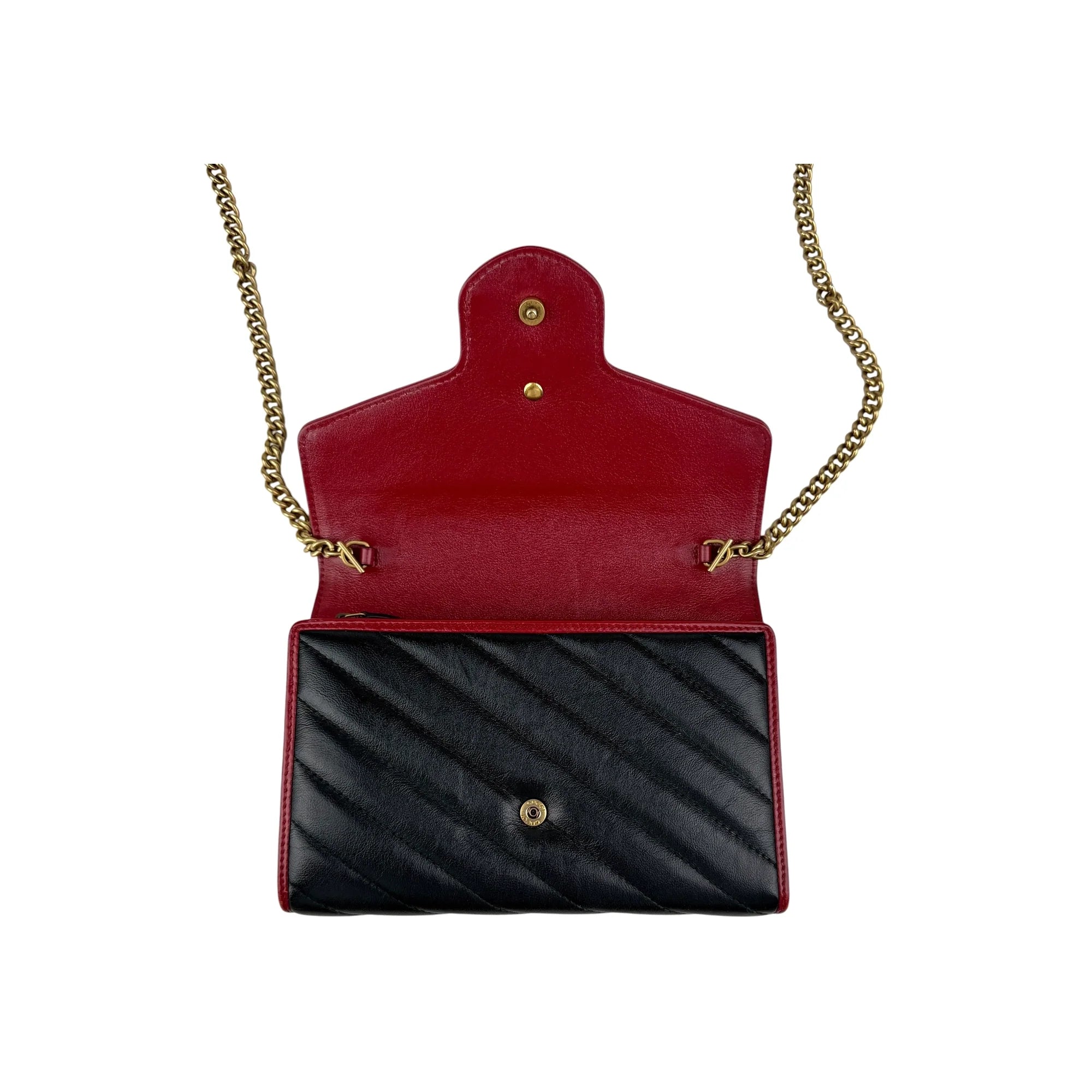 Gucci Black/Red Diagonal Quilt Leather GG Marmont Torchon Wallet on Chain