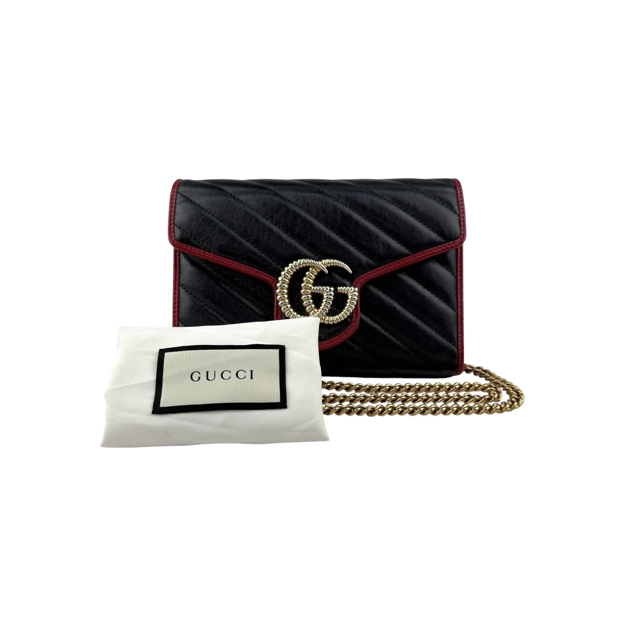Gucci Black/Red Diagonal Quilt Leather GG Marmont Torchon Wallet on Chain