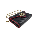 Gucci Black/Red Diagonal Quilt Leather GG Marmont Torchon Wallet on Chain