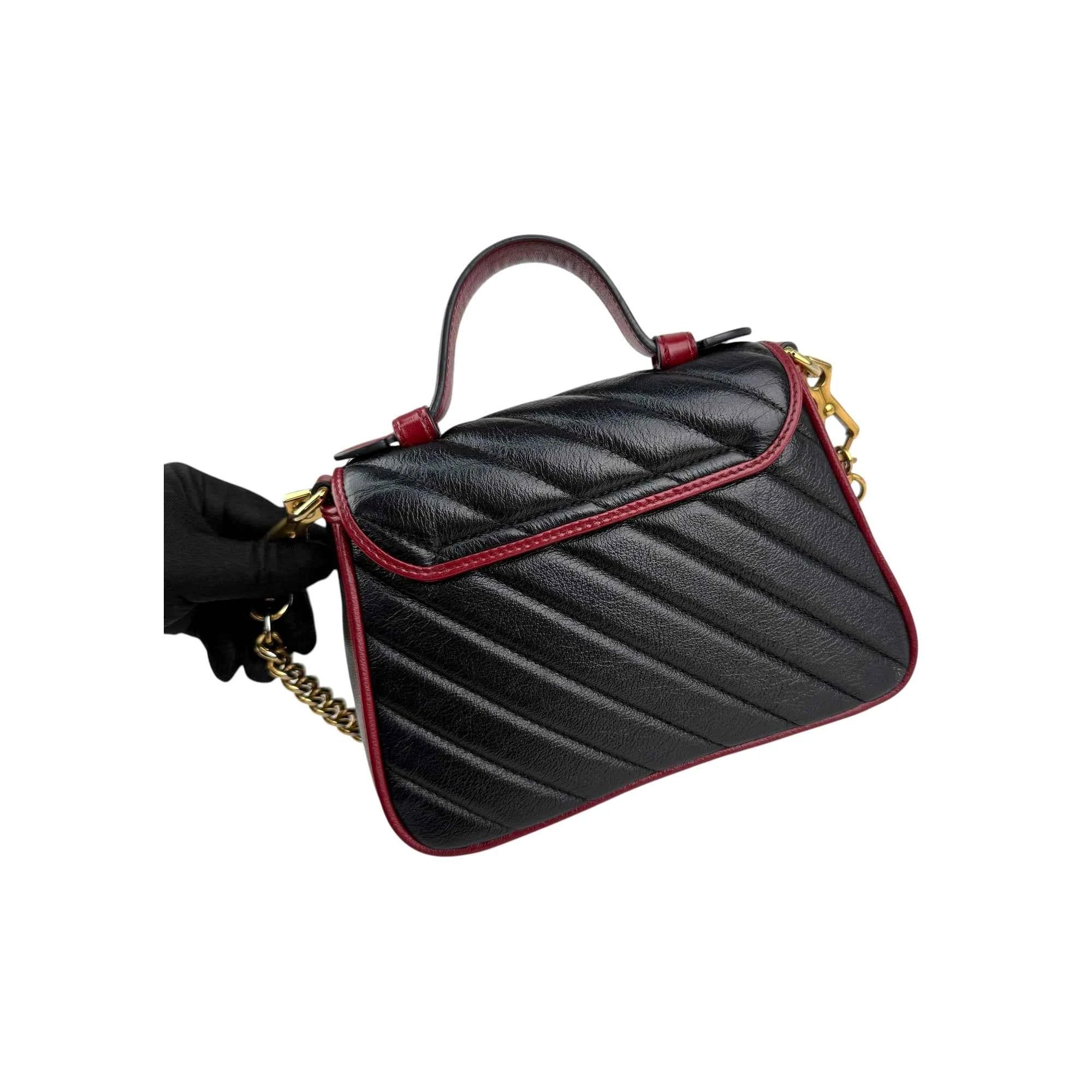 Gucci Black/Red Quilted Leather Marmont Mini Torchon Top Handle Crossbody Bag