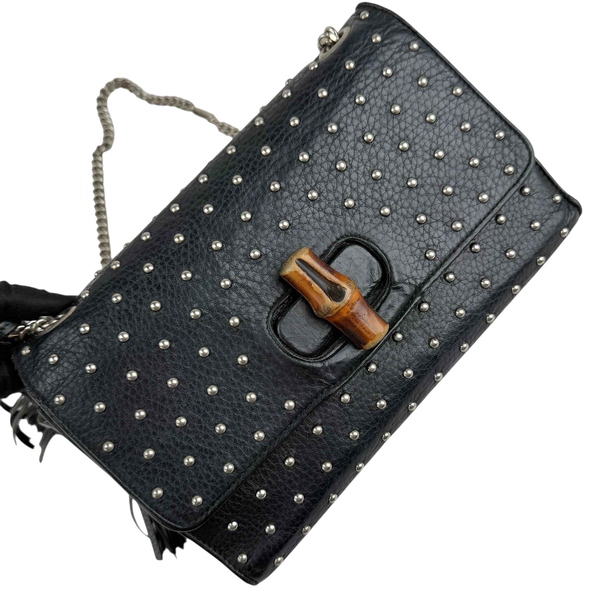 Gucci Black Studded Leather Miss Bamboo Shoulder Bag