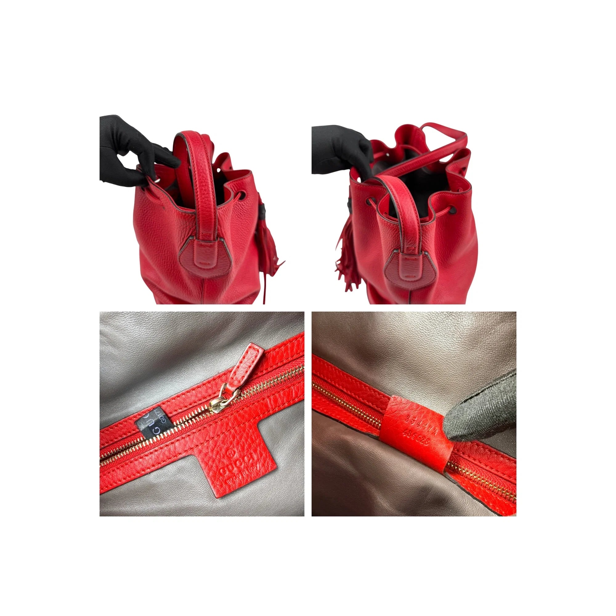 Gucci Red Leather Bucket Bag with Tassels