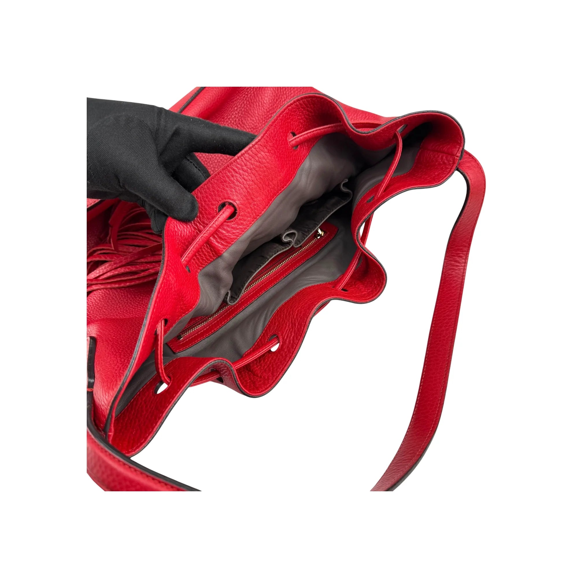 Gucci Red Leather Bucket Bag with Tassels