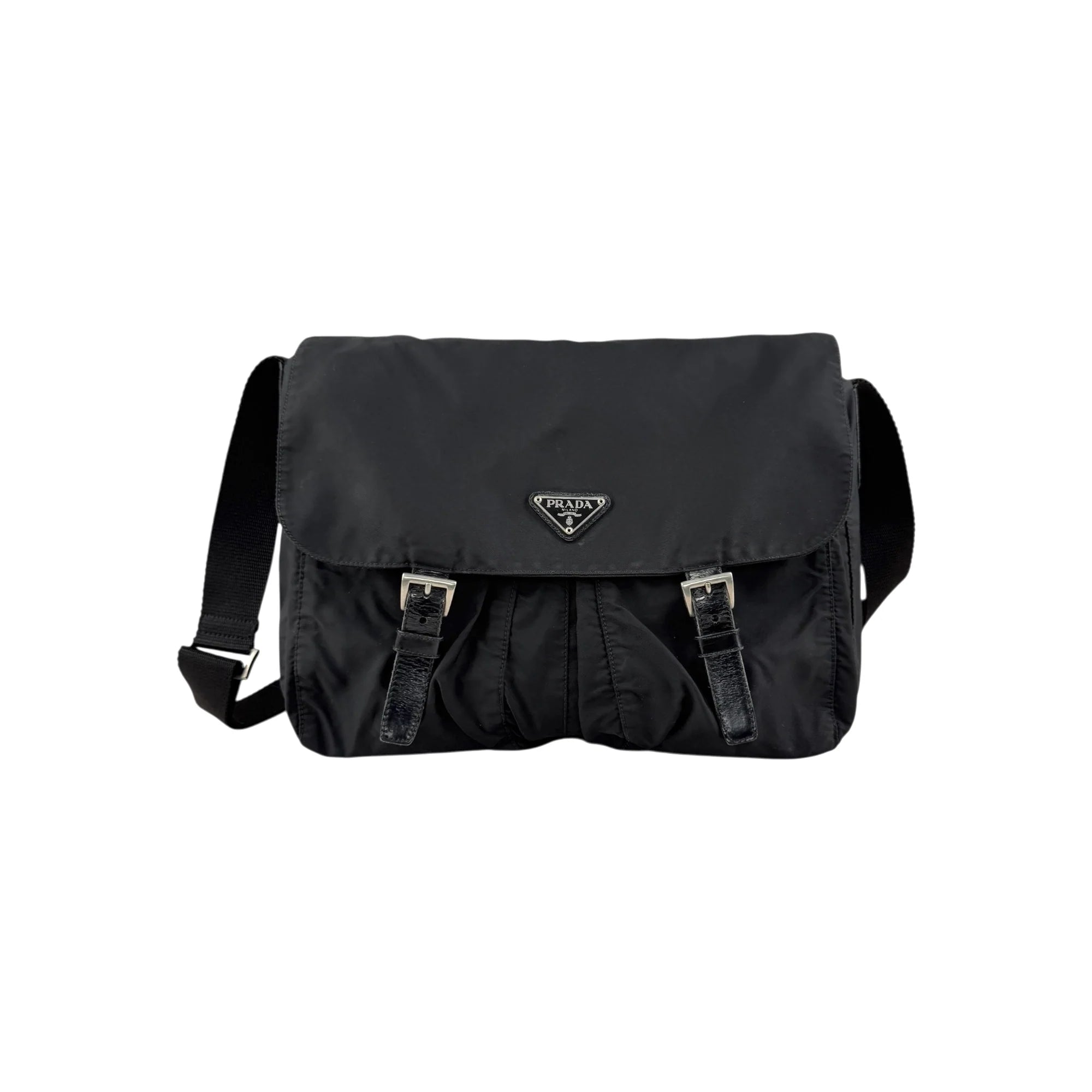 Prada Black Vela Nylon Buckle Messenger Bag